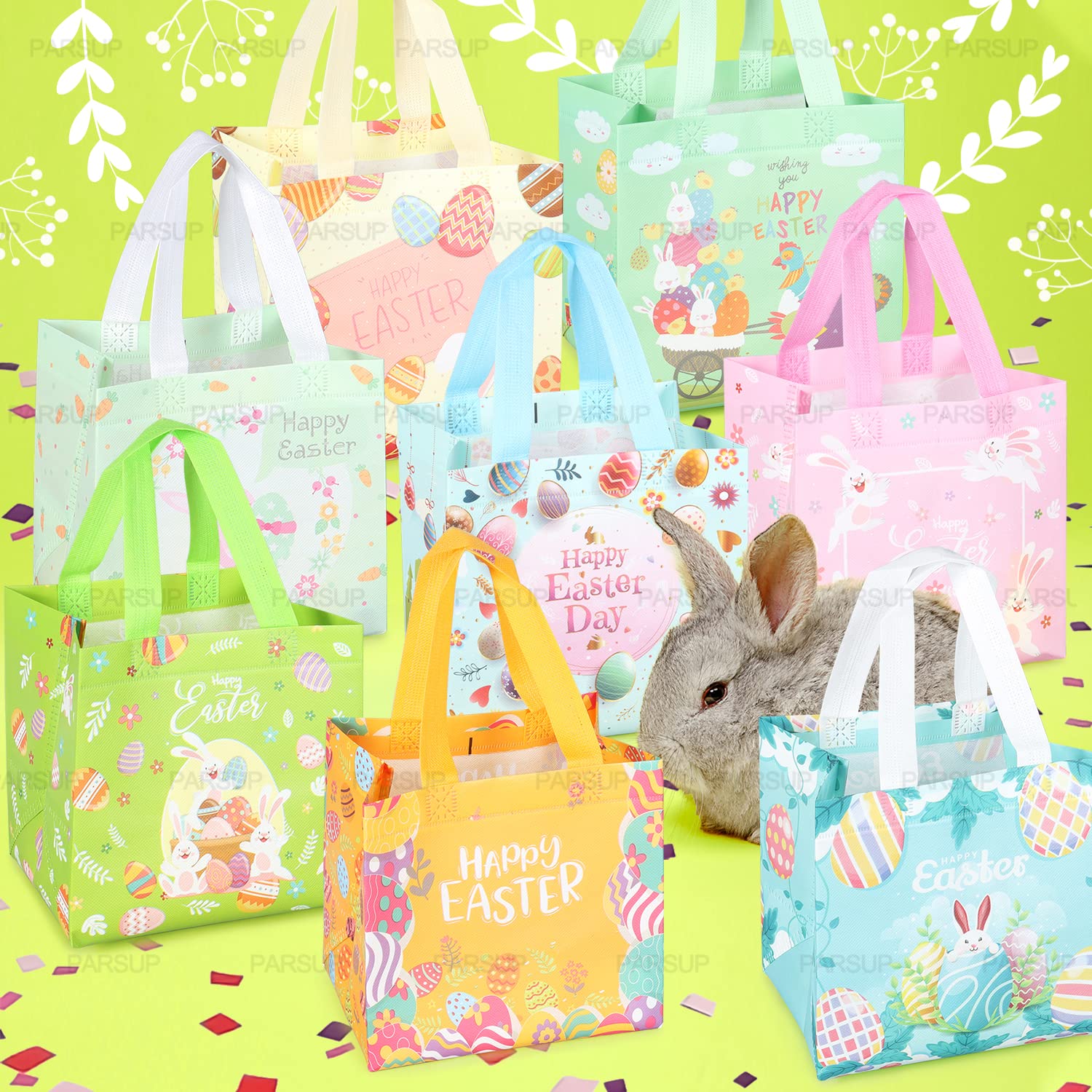 Lot De 8 Sacs De Pâques Non Tissés 21x20x15cm - Sacs Cadeaux Chasse Aux Œufs - Motifs Lapin, Carotte, Poussin