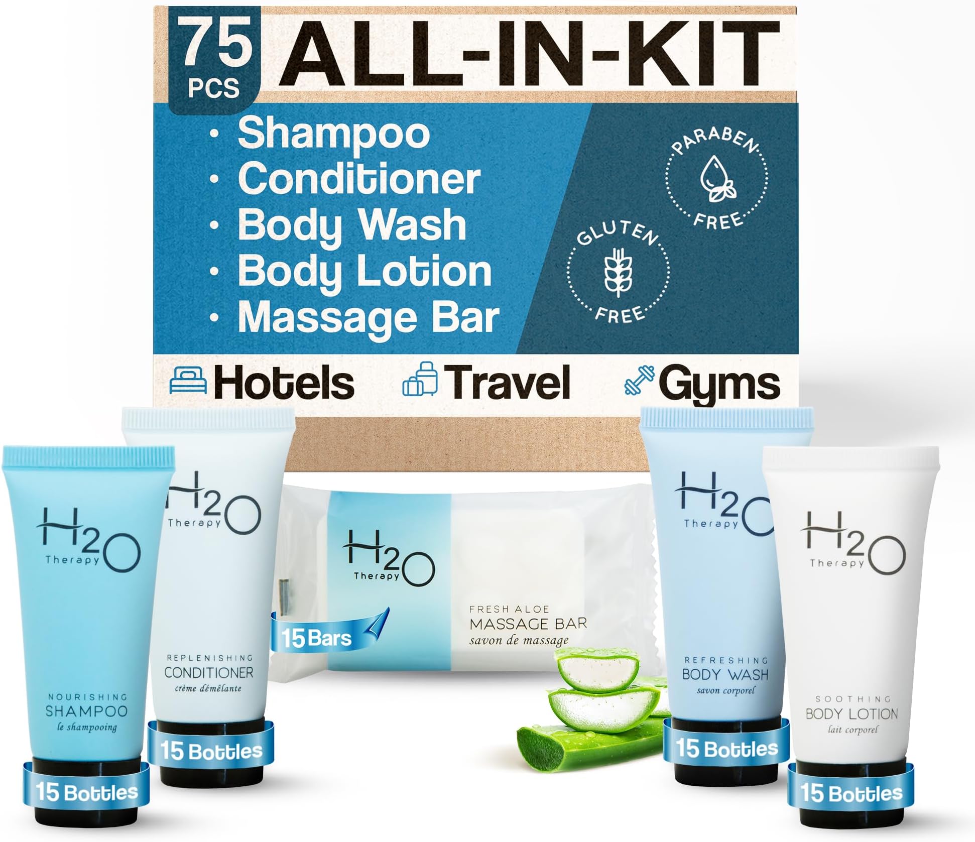 H2O Therapy Hotel Soaps & Toiletries Bulk Set | 1-Shoppe Amenities Kit | 0.85oz Shampoo & Conditioner, Body Wash, Lotion, 1oz Bar Soap | Travel Size | 75 Pieces
