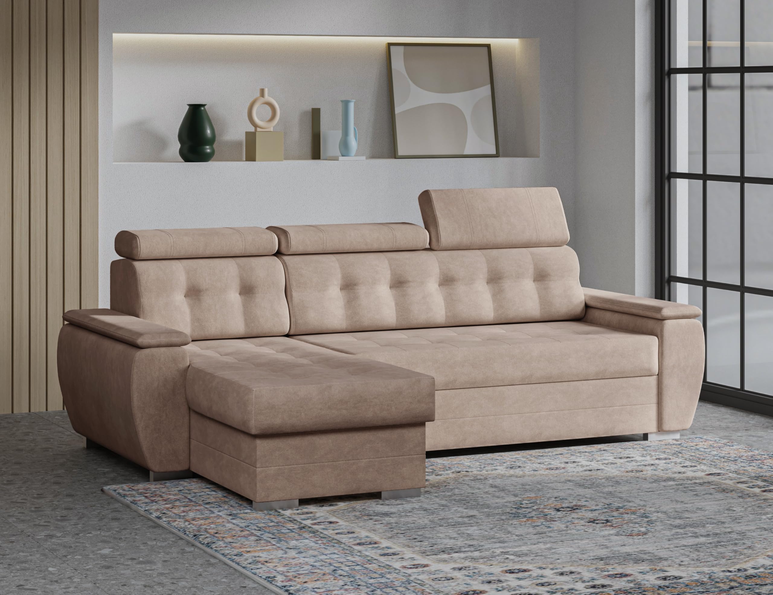 Robin Inspire Sofá Esquinero Cama - con Cajón y Espacio de Almacenamiento - Sofá Universal - Izquierdo y Derecho - 240 x 165 x 87 cm - Beige Tosaro
