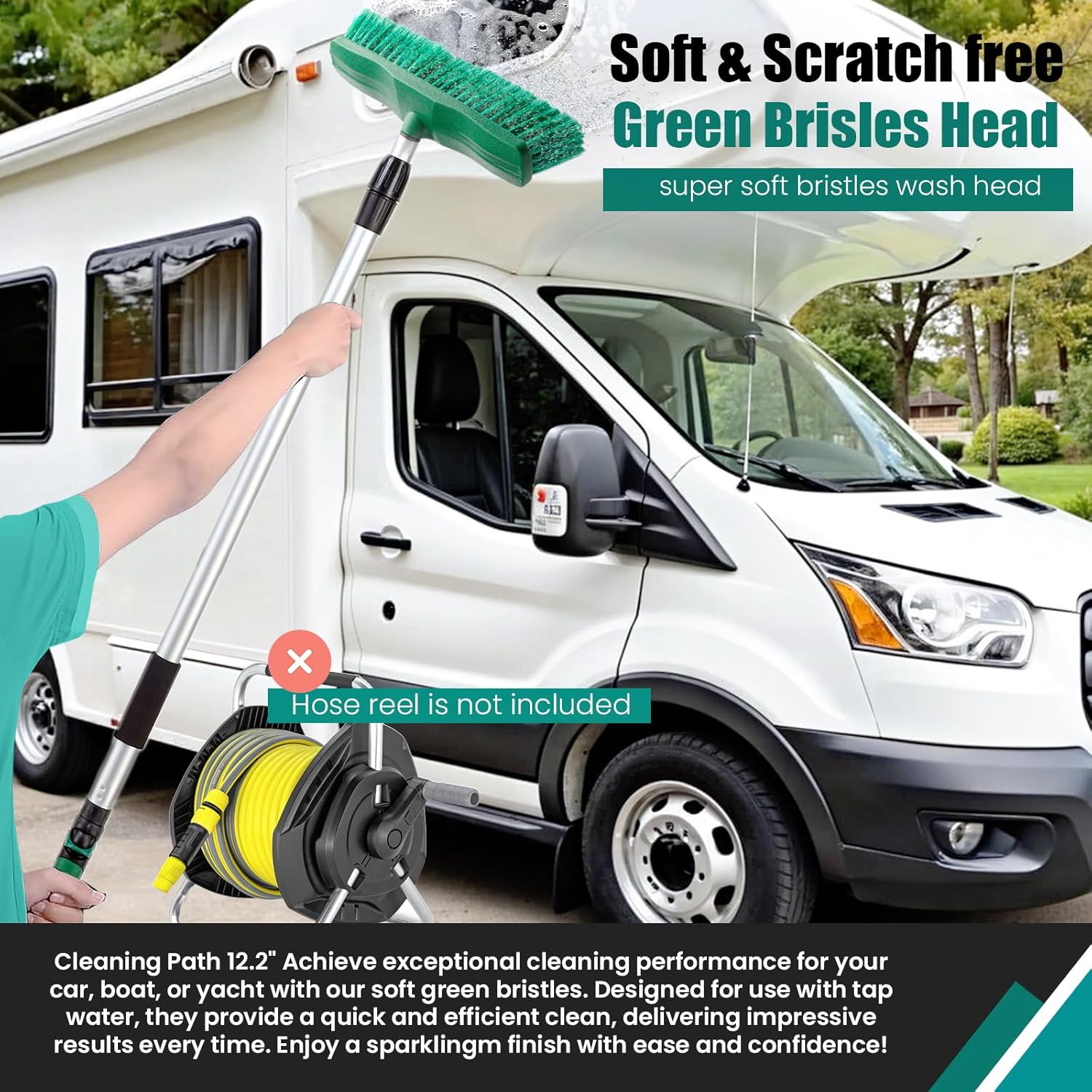 76.7" Sturdy Handle Water Push Floor Broom Green Bristles Cleaning Path 12.2" for Soft Cleaning Car Wash Boat and Solar Panel Black for Hard Floor Clean Telescopic pole from 35.4" to 76.7" tap Connect