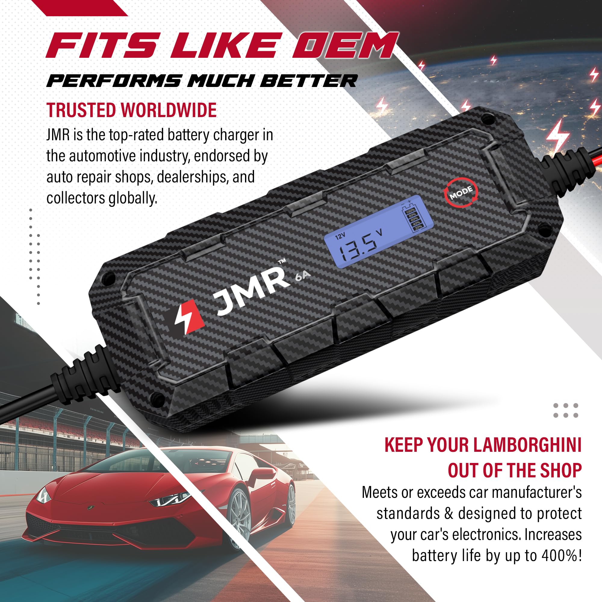 JMR Cargador de Bateria para Lamborghini Aventador Huracan Gallardo Murcielago Mantenedor de Carga Acondicionador (Puerto Encendedor 12V, Sin Modo Litio)