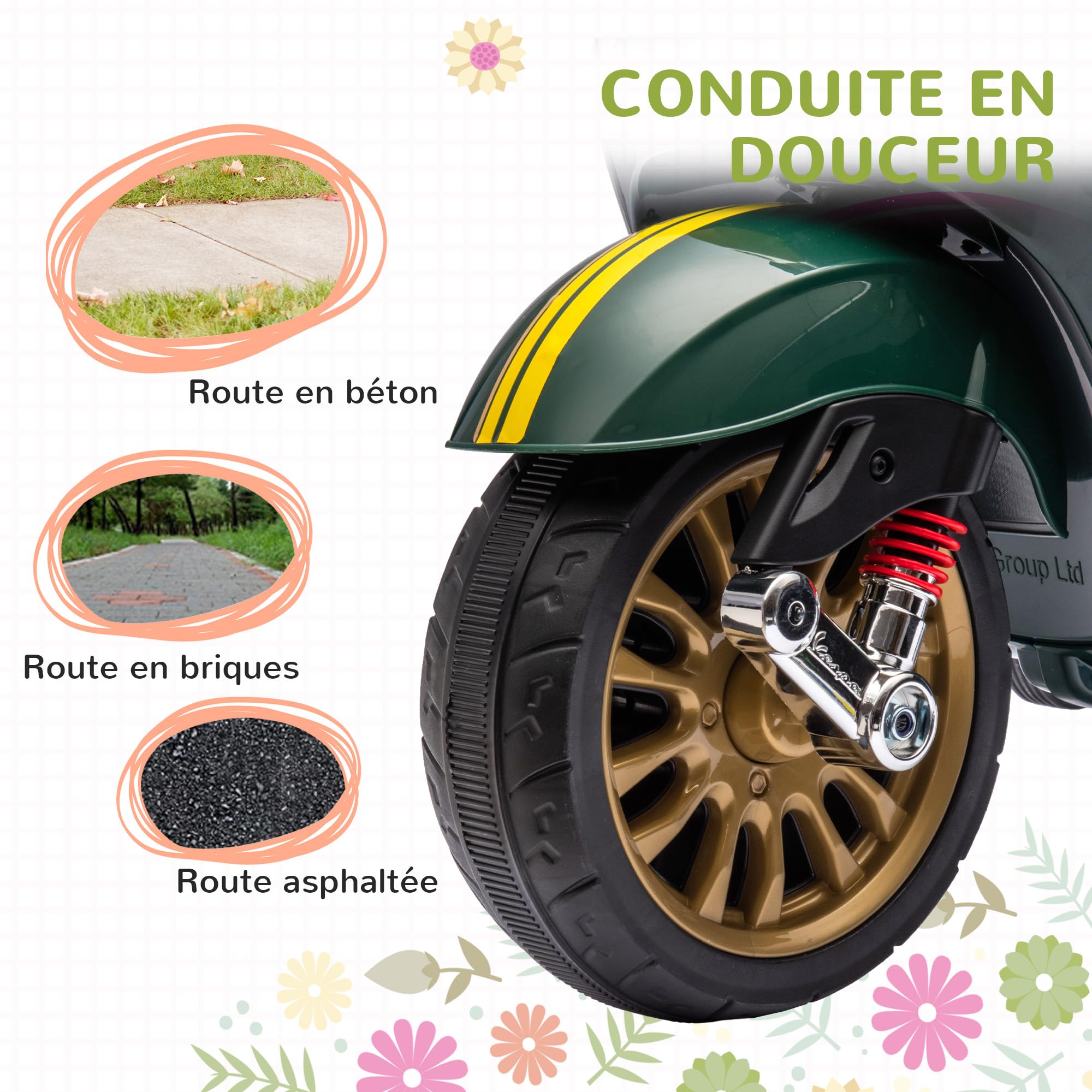 AIYAPLAY Scooter elettrico Vespa 6 V moto elettrica per bambini 3-6 anni dim. 107L x 47W x 73H cm Musica MP3 Porta USB Radio FM Faro 2 ruote di allenamento - Verde | Moto Elettrica Per Bambini 3-6 Anni, Musica MP3, Porta USB, Radio FM, Faro, 107L x 47L x