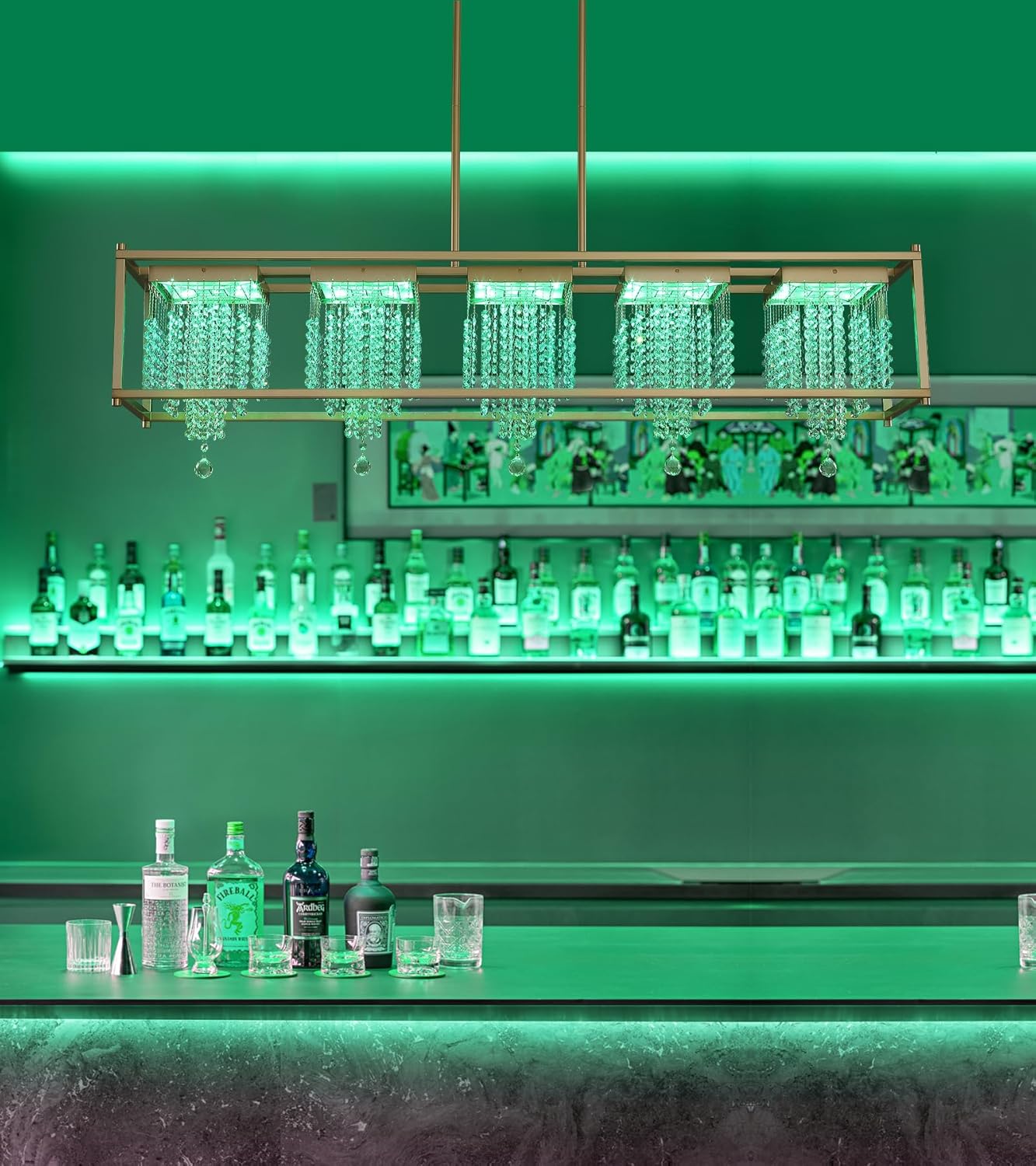 MEIXISUE Crystal Chandeliers for Dining Room Gold Modern Contemporary Rectangle Light Fixture for Kitchen Island Dining Room Bar RGB Color Changing Light L54.33 x W10.63 x H11.02