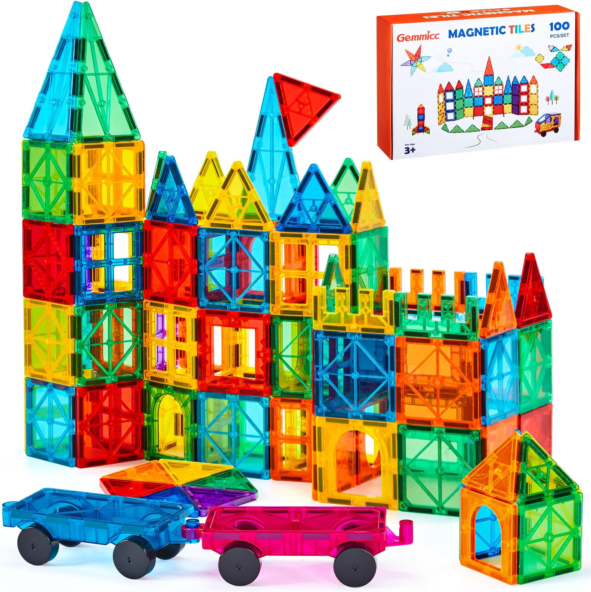 100 PCS Magnetic Tiles with 2 Cars, STEM Approved Educational Magnet BuildingToys, Magnet Puzzles Stacking Blocks for Boys Girls