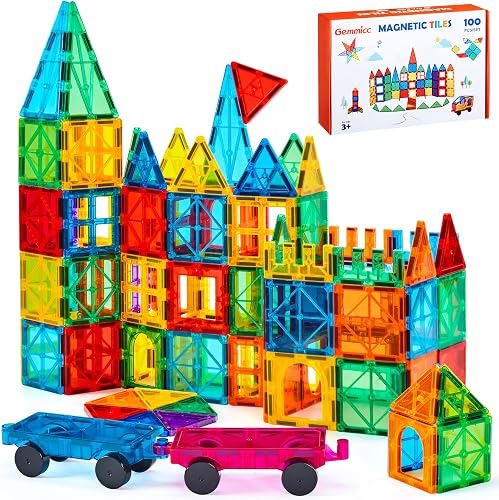 Gemmicc Magnetic Tiles Building Blocks for Kids, STEM Approved Educational Toys,3D Magnet Puzzles Stacking Blocks for Boys Girls,100 PCS Advanced Set with 2 Cars