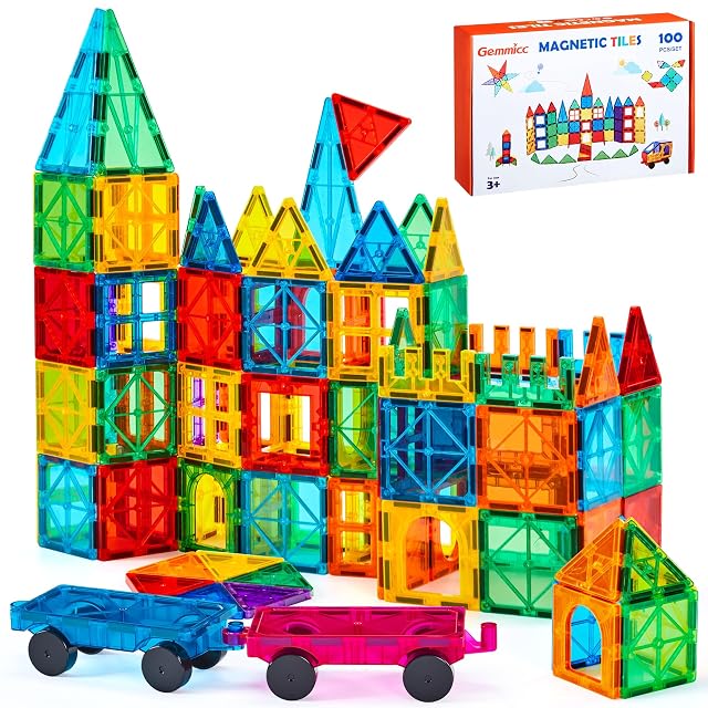 Gemmicc Baldosas Magnéticas 100 Piezas con 2 Coches, Juguete Educativo Stem, Bloques Magnéticos de Construcción para Niños y Niñas