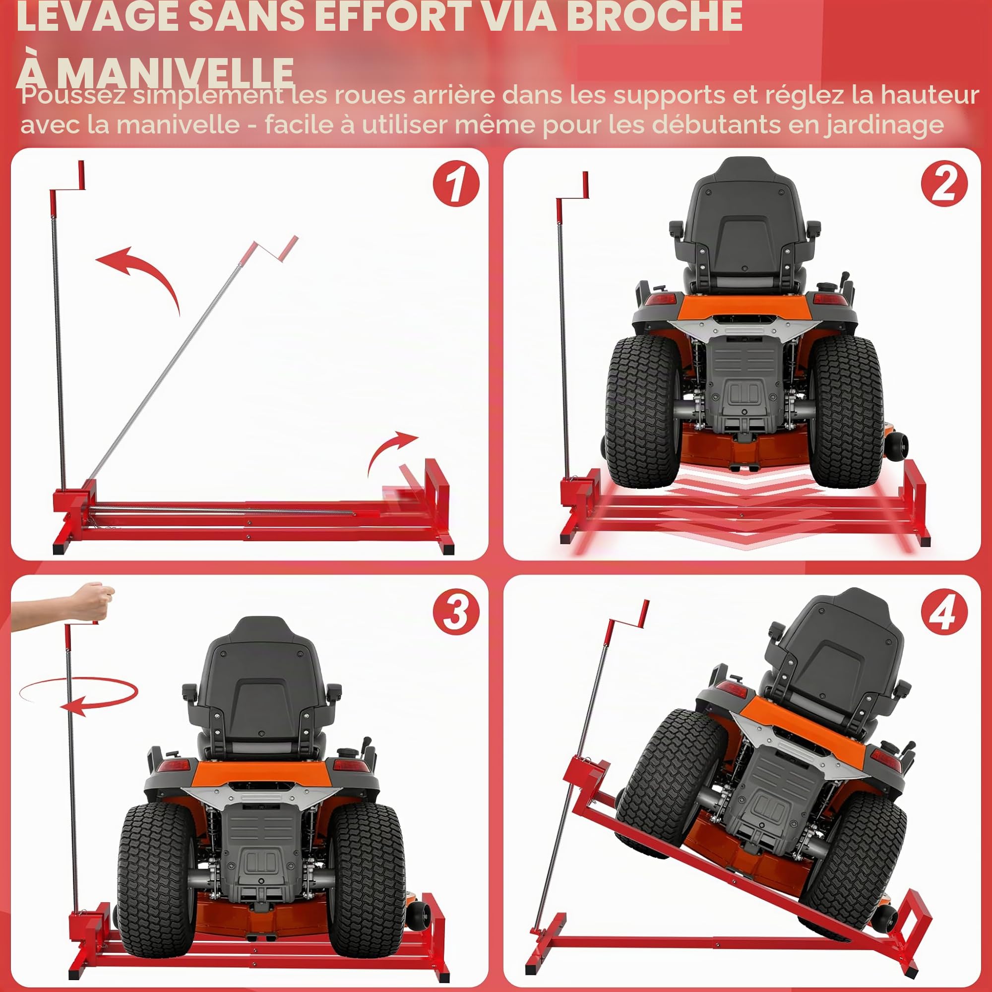 Dispositif de levage, élévateur pour tondeuse, élévateur d'entretien, élévateur télescopique, pour tondeuse, tracteurs de jardin, rouge, charge jusqu'à 400 kg