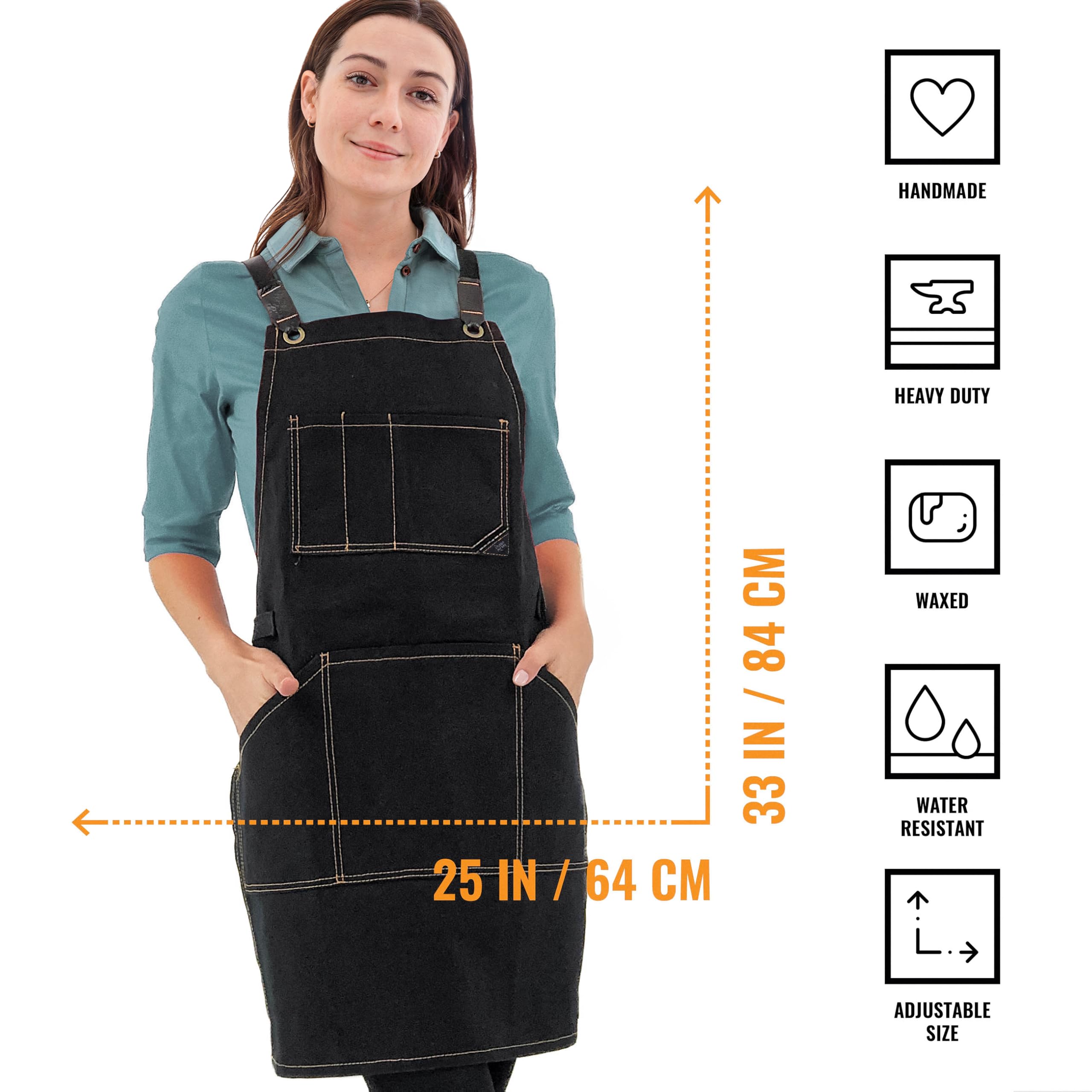 Under NY Sky Delantal de Trabajo - Lona Encerada Negra Profesional - Correas de Espalda Cruzada - Multi Bolsillos - Refuerzo de Cuero - Hombres, Mujeres, Carpintero, Mecánicos, Herramienta, Taller