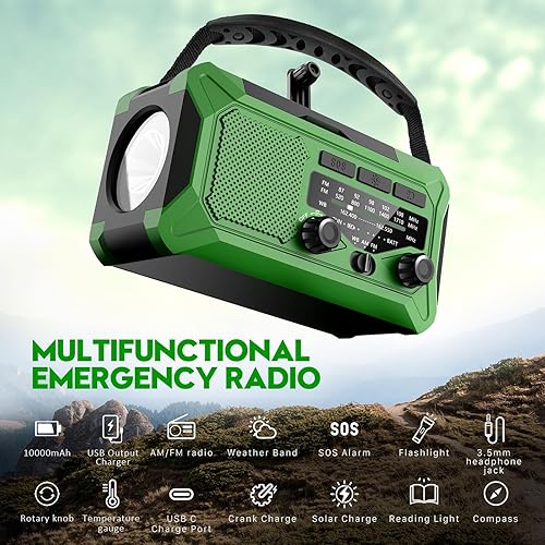 Miniatura 2 de Radio meteorológica con manivela de emergencia, radio solar de 10000 mAh AMFMNOAA con cargador de teléfono, carga USB, lámpara de lectura LED para