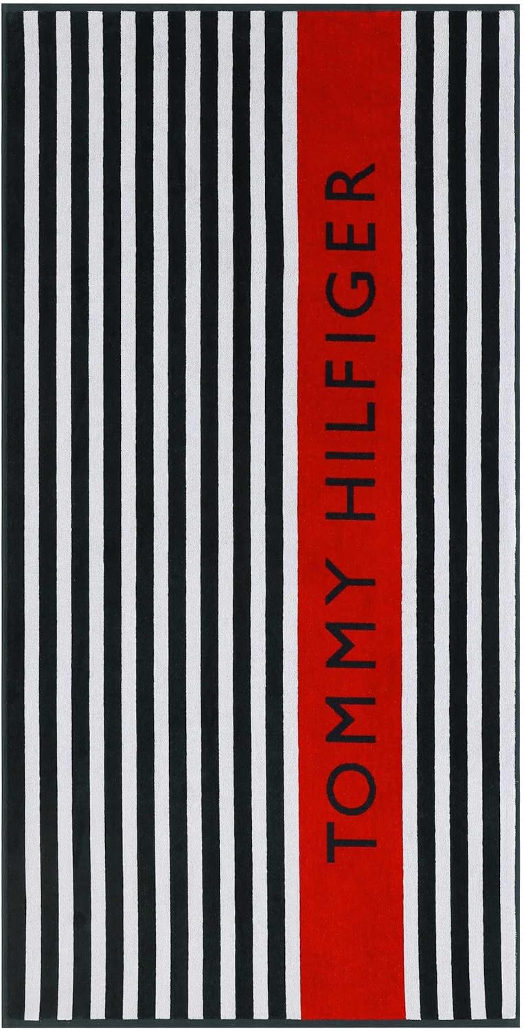 Tommy Hilfiger - Beach Towel, 100% Cotton Soft & Absorbent Plush Towel with Z-Twist Velour, Beach Essentials (Hampton Stripe Red, 36" x 68")