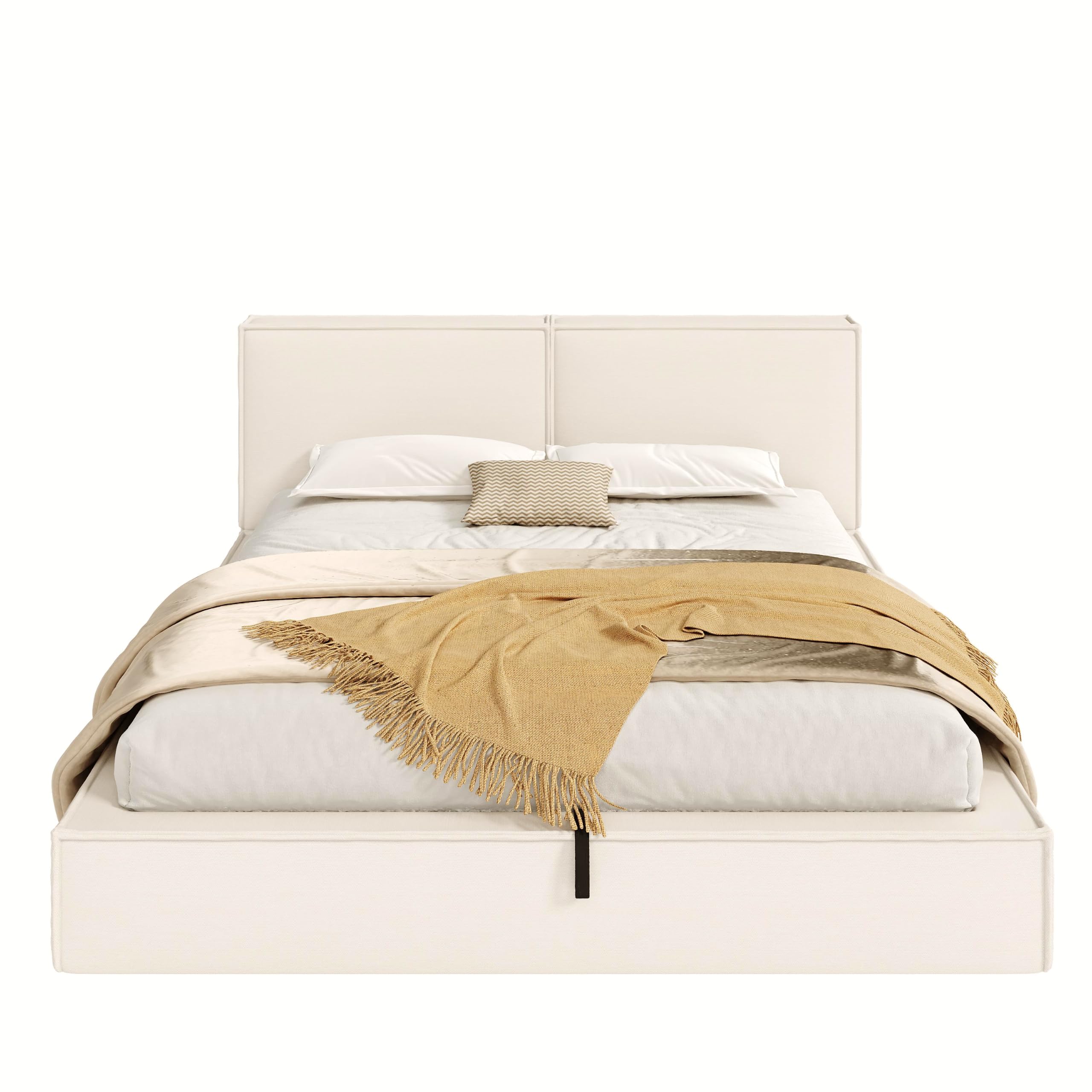 Letto Imbottito 180x200 Rivestimento in Lino Letto Matrimoniale con Testiera Imbottita Bed King Size con Rete a Doghe con Sollevamento Idraulico con Vano sotto la Rete Camera Beige