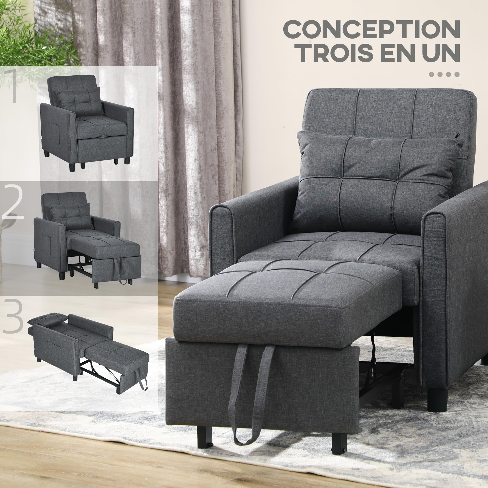 HOMCOM Fauteuil Convertible 1 Place 3 en 1 avec Oreiller Inclus Gris