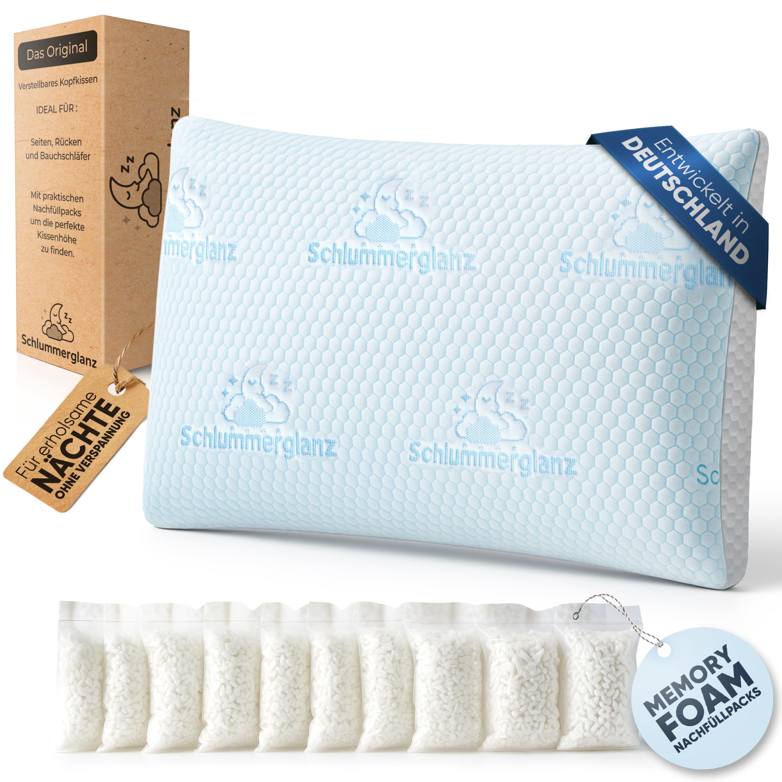Schlummerglanz Memory Foam Kissen 40x80 höhenverstellbar – Premium Füllung gegen Nackenschmerzen