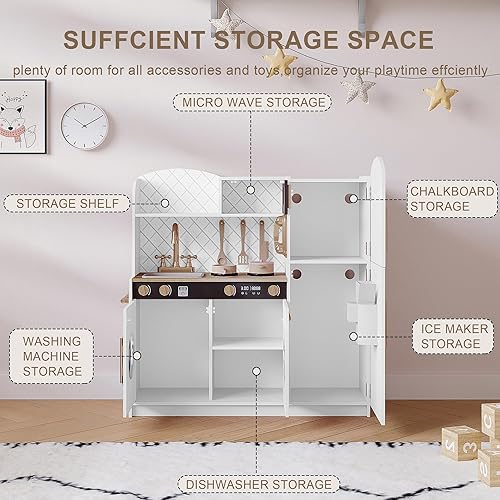 Miniatura 3 de Treocho Juego de juguetes de cocina para niños, cocina de madera con fregadero, horno, microondas, juego de cocina para niños pequeños, niñas y