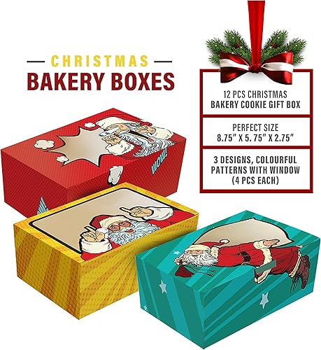 Miniatura 2 de easykart labels 12 cajas de regalo de galletas navideñas para panadería (8.75 x 5.75 x 2.75 pulgadas) en 3 diseños, patrones coloridos con ventana
