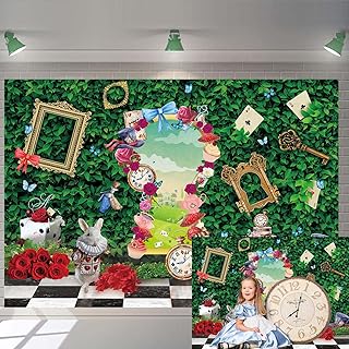 Wonderland Backdrop Tea Party Green Leaves Checkerboard Rabbit Wonderland Photography Background Little Princess Girls Kids Baby Shower Birthday Party Decorations Supplies (8X6FT(94X70inch))
