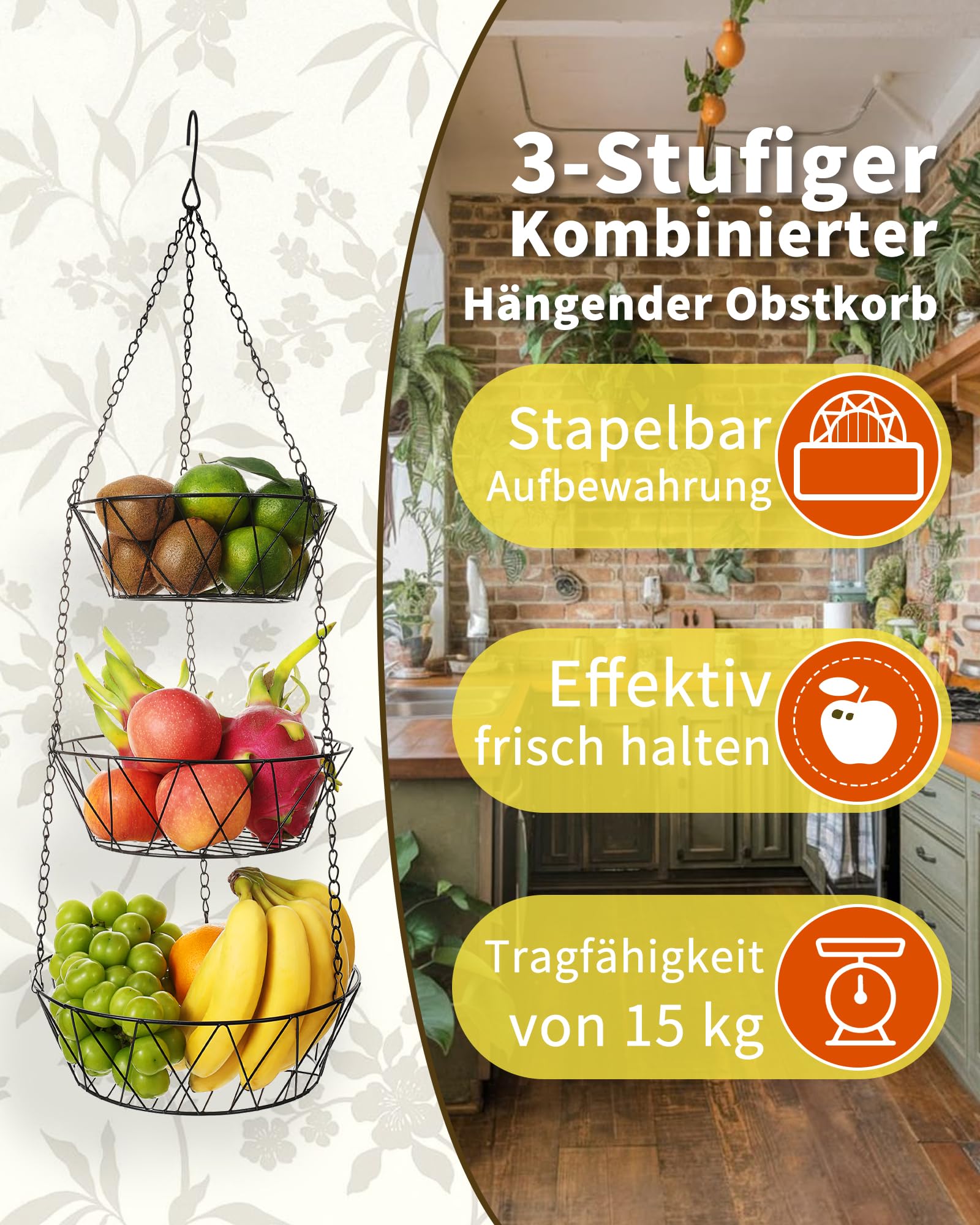 Home Bay Fruit Hub Hängender Obstkorb für die Küche, 3-stöckige abnehmbare Draht-Etagere, Obst- und Gemüseaufbewahrung, Wandmontage, Schwarz, Rund, unabhängig nutzbar
