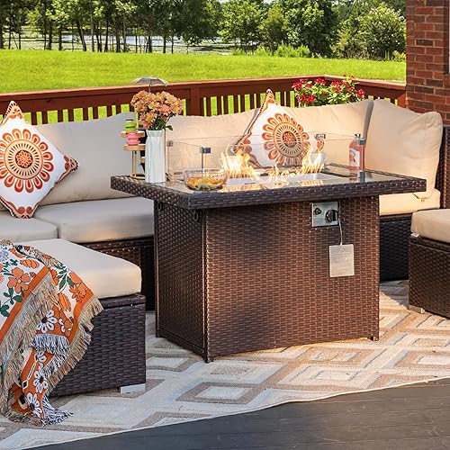 Miniatura 7 de NICESOUL Mesa rectangular de mimbre para fogatas de gas naturalpropano para exteriores, mesa rectangular de 43 pulgadas para exteriores, 60000 BTU