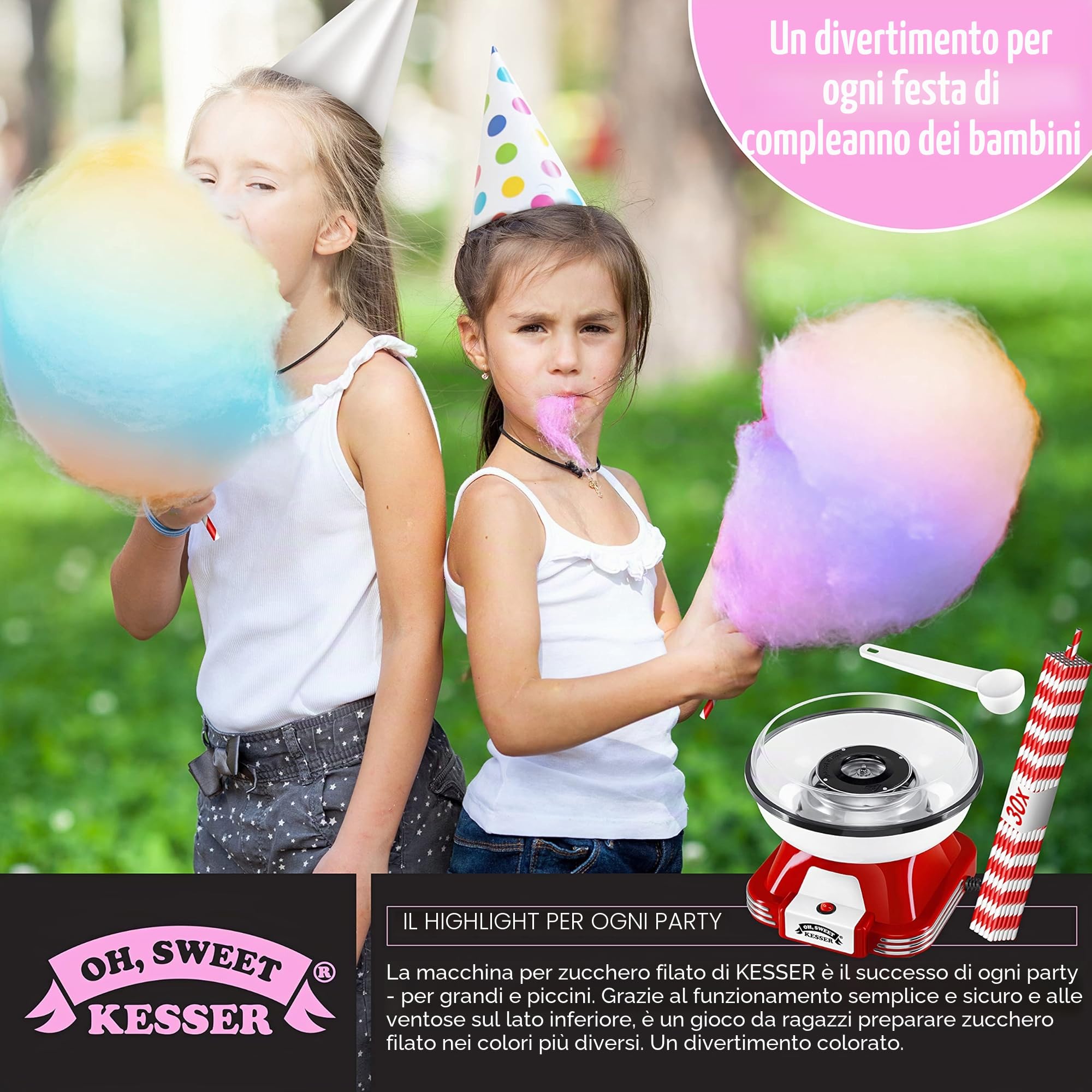 KESSER® Set di macchine per zucchero filato per la tua casa, con 30 bastoncini di zucchero filato e cucchiai dosatori – Macchina retrò Cotton Candy – Macchina per zucchero filato con accessori
