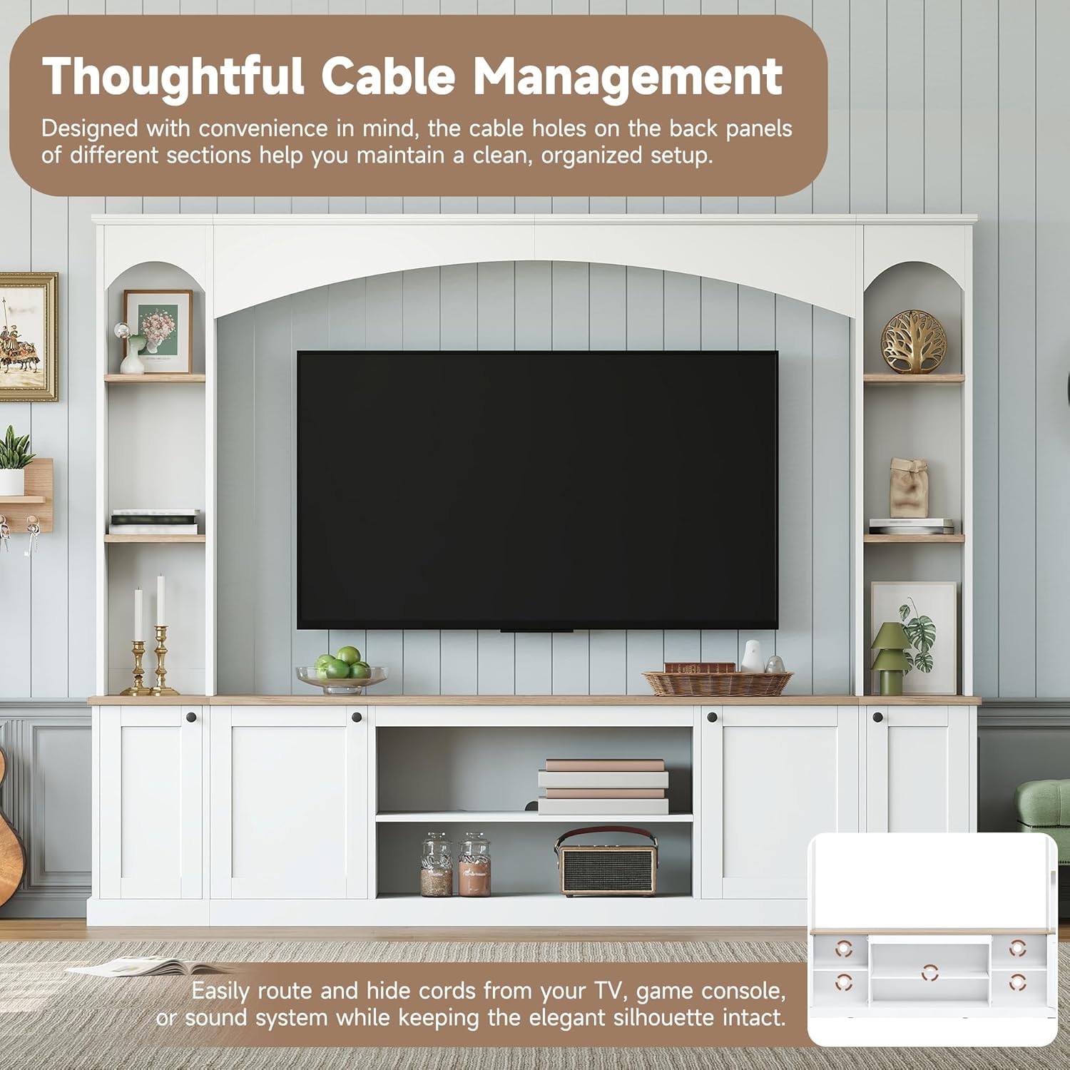 Merax Elegant Arched Entertainment Center Wall Unit with Bookshelf, Minimalism TV Stand for Televisions up to 70", Mid-Century Media Console with Adjustable Shelves for Living Room, White