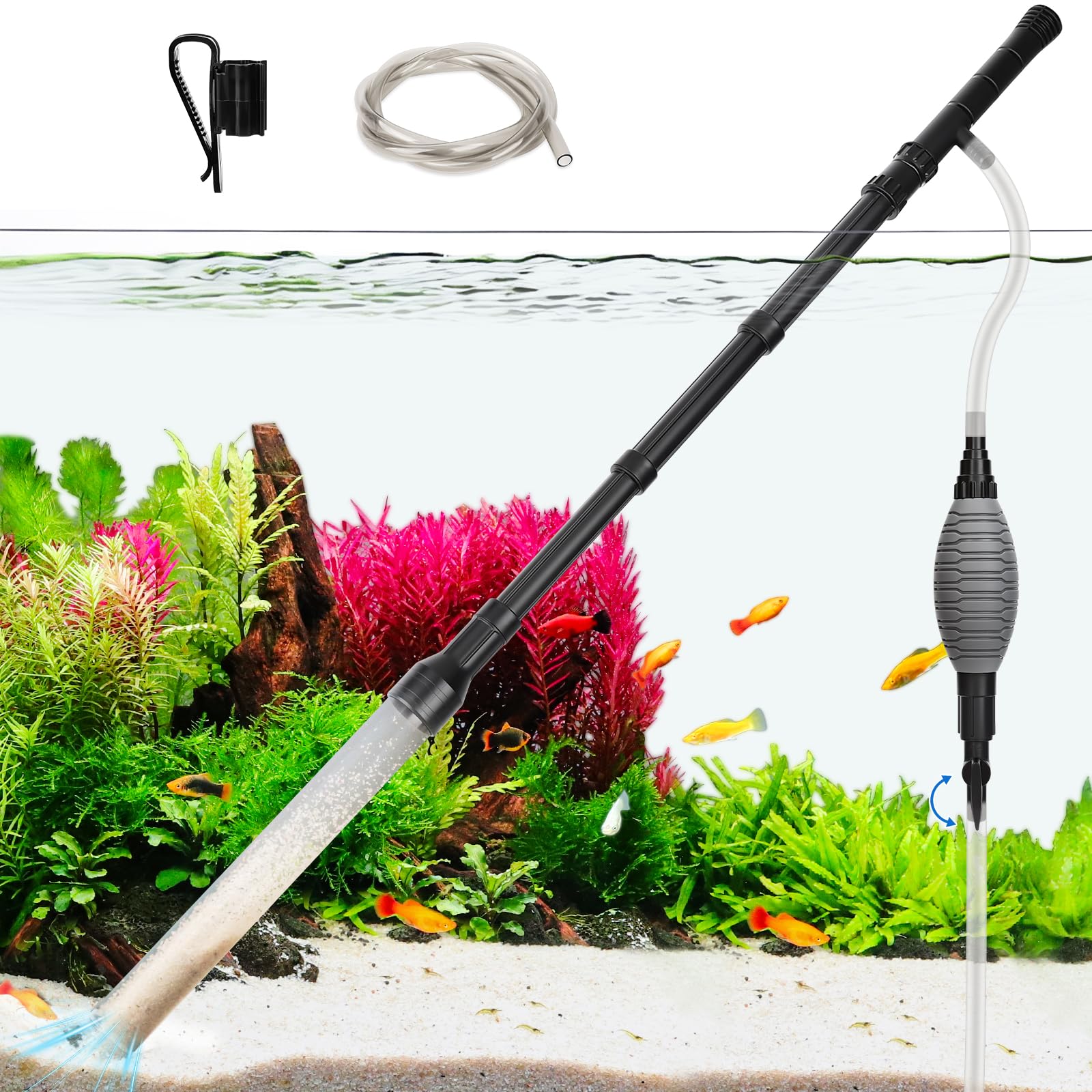AQQA Aquarium-Siphon-Kiesreiniger, einstellbarer Durchfluss, Aquarium-Kiesreiniger, Staubsauger mit Griff, manueller Wasserwechsel und Sandwäsche (AQ193-L)