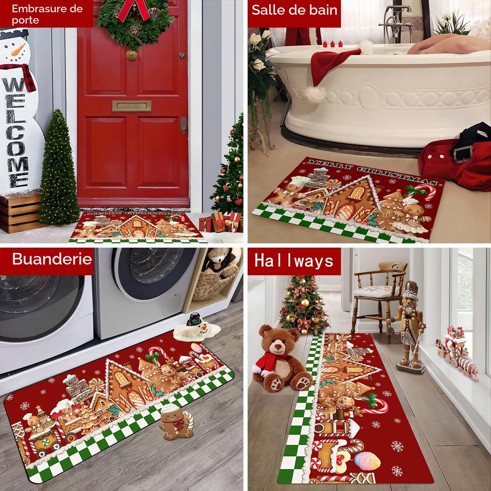 AIBIIN Tapis de cuisine Noël antidérapant caoutchouc bonhomme pain d'épices 40x60 40x120 cm 2 pièces