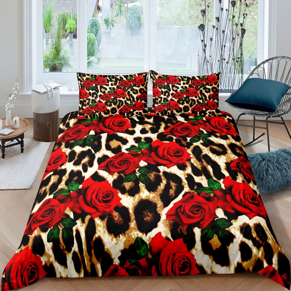 Loussiesd Leopard Duvet Cover King Size Rose Flower Bedding Set for Kids Girls Women Red Floral Petal Pattern Bedding & Linen Branches Green Leaf Cheetah Quilt Cover With 2 Pillow Case