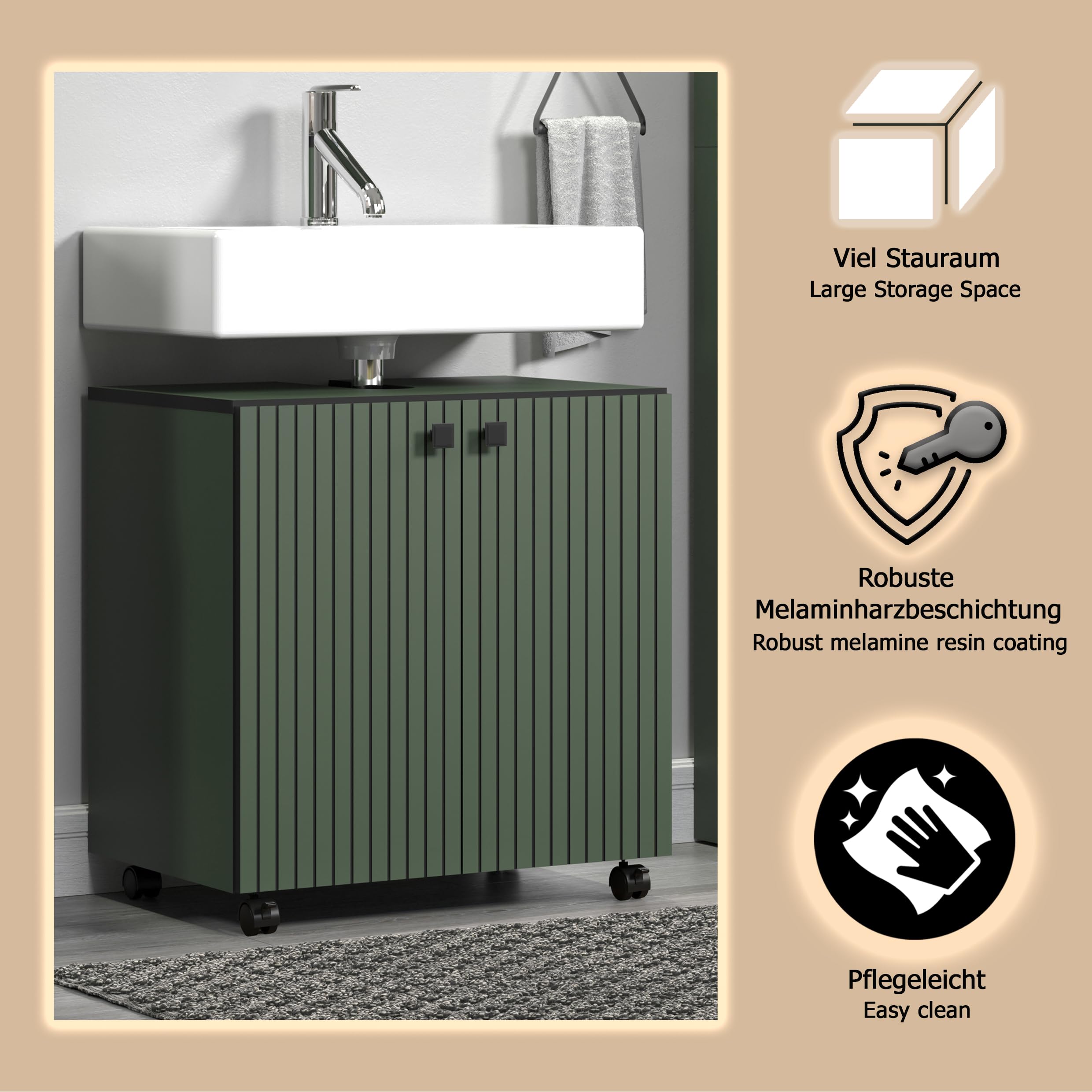trendteam smart living - PureBliss – szafka pod umywalkę na kółkach – zielona – umywalka z półką wkładaną – (szer. x wys. x gł.) 60 x 64 x 42 cm – szafka łazienkowa o wyglądzie rowków – eleganckie