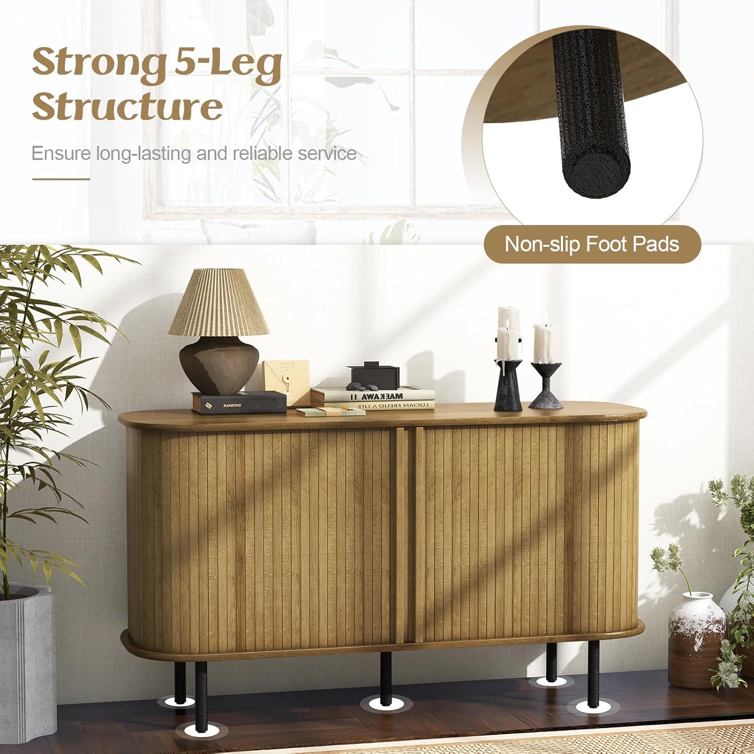 Giantex Kitchen Storage Cabinet, 47” Buffet Cabinet with Storage, Wooden Sideboard w/ 2 Sliding Tambour Doors, Adjustable Shelves, Credenza for Living Room Dining Room, Console Table for Entryway