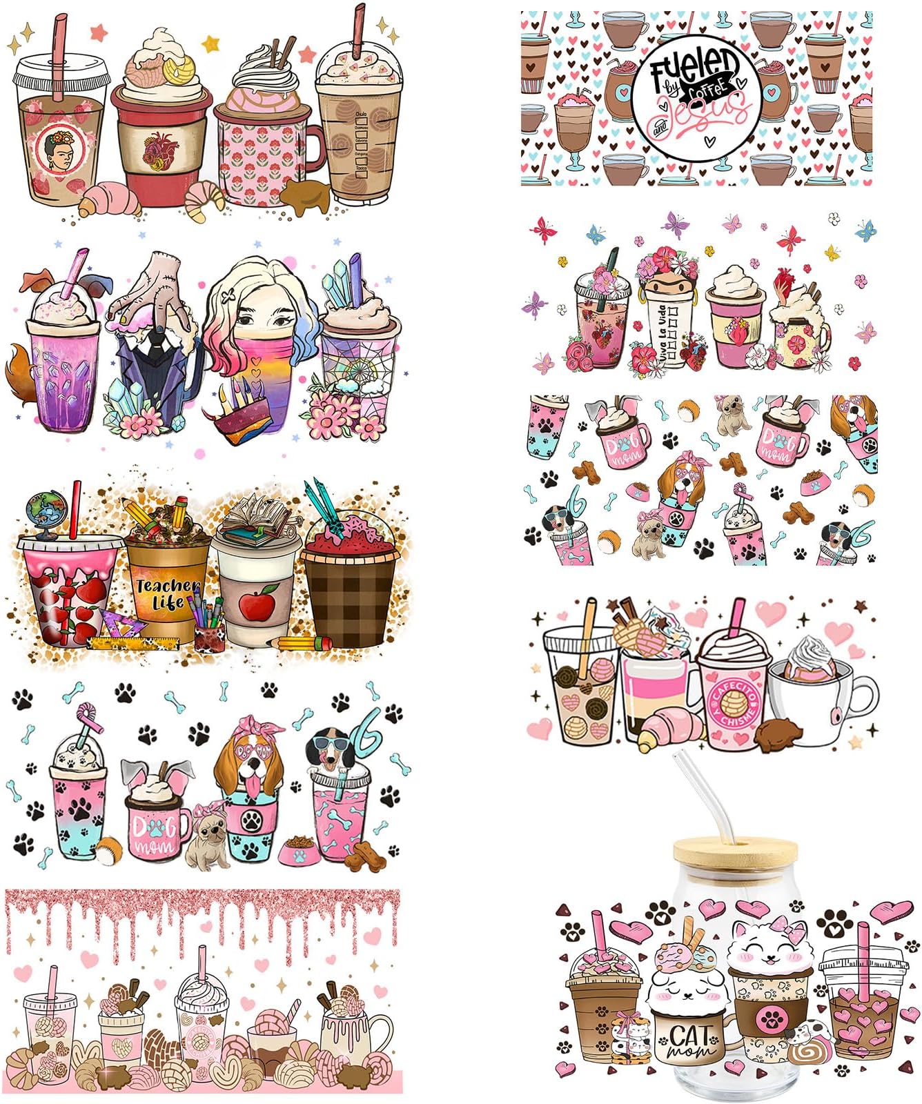 ArtCentury UV DTF Cup Wrap Transfer Stickers for Glass, 10 Sheet Cups Rub on Transfers for Crafting, UV DTF Transfer Waterproof Sticker for 16OZ Libbey Glass Cups Furniture Craft Wood DIY Crafts