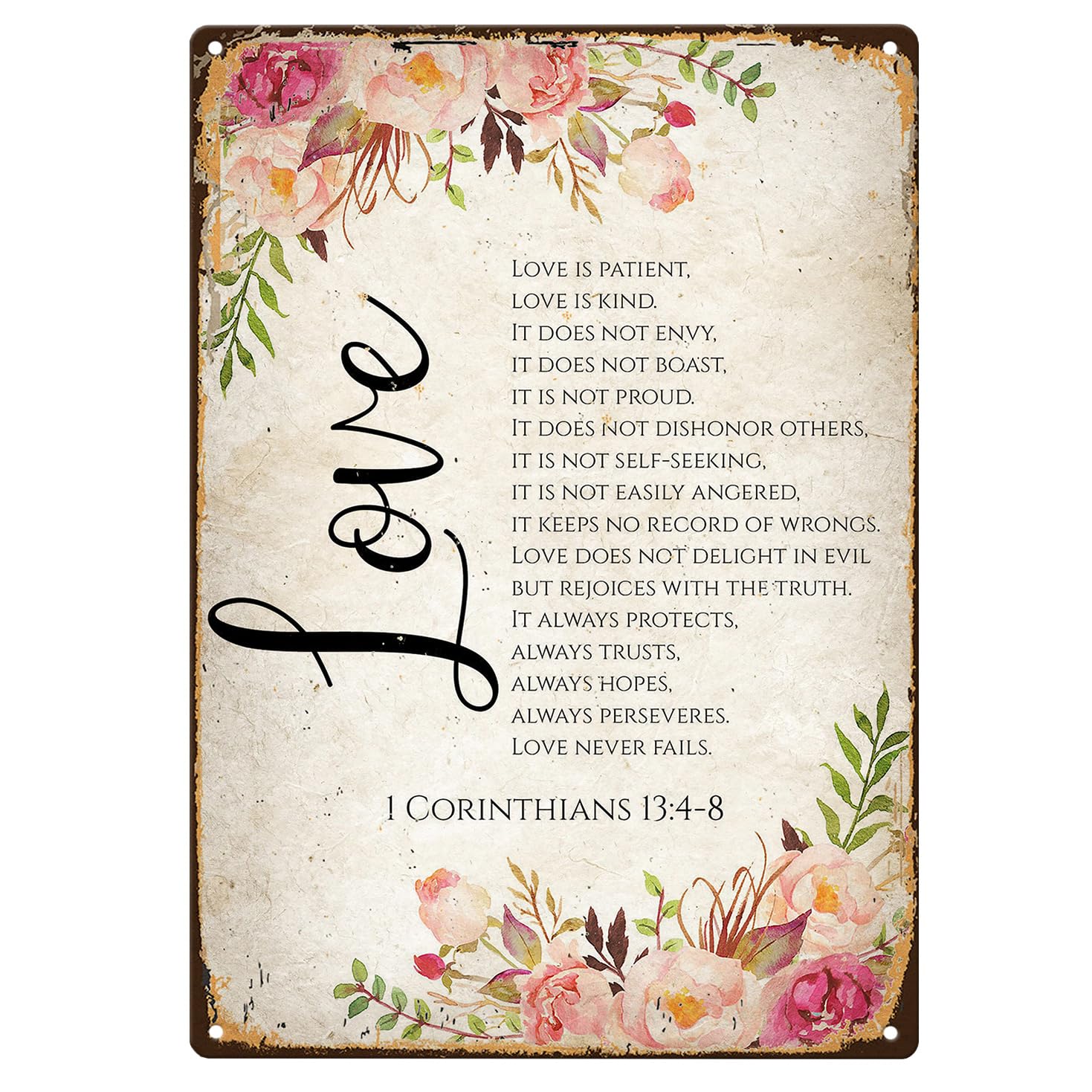 Yelacaay 1 Corinthians 13 'Love Is Patient' Rustic Wedding Wall Art - Floral Scripture Decor For Home, Church Metal Sign Plaque Poster 8X12 Inch