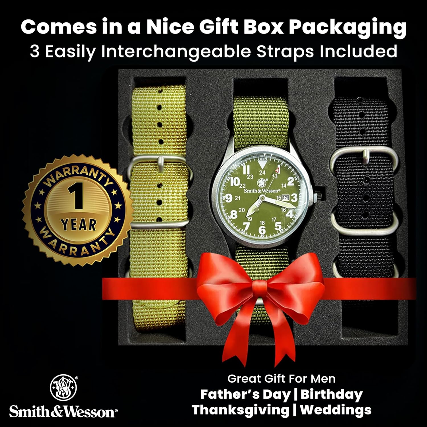 Smith & Wesson Men's Military Watch, 3 Interchangeable Canvas Straps, 3 ATM Water Resistant, Date Display, Scratch Resistant Glass, Military Style Watch for Outdoor Activities, Swimming, 40mm