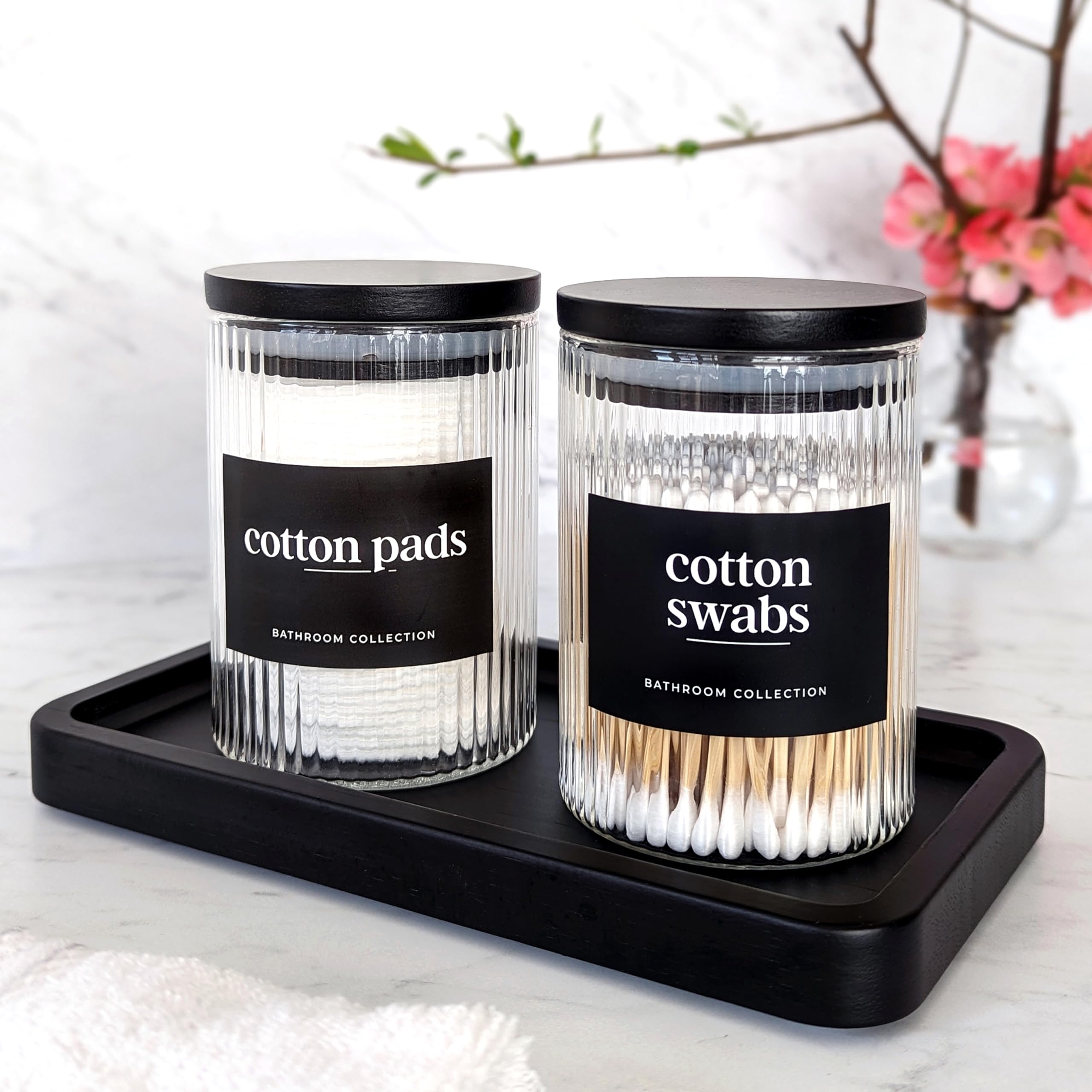 Mason & Fable Ribbed Glass Bathroom Jars with Airtight Black Bamboo Lids, 10 Fl.oz (300ml) - 2 Pack With Tray, 10 fl.oz-300ml - Image 3