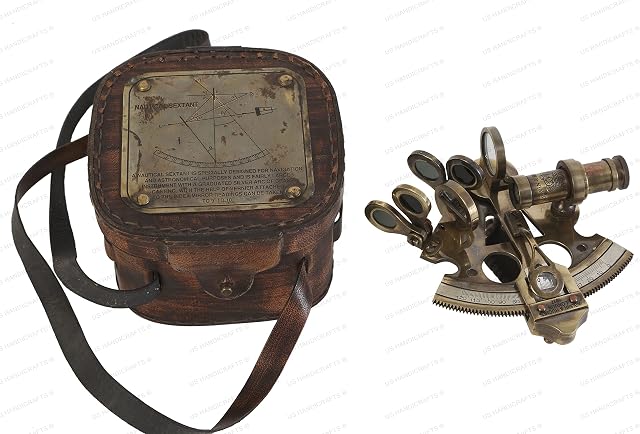 US HANDICRAFTS Antique Style Solid Brass Ship Sextant with Leather Box.
