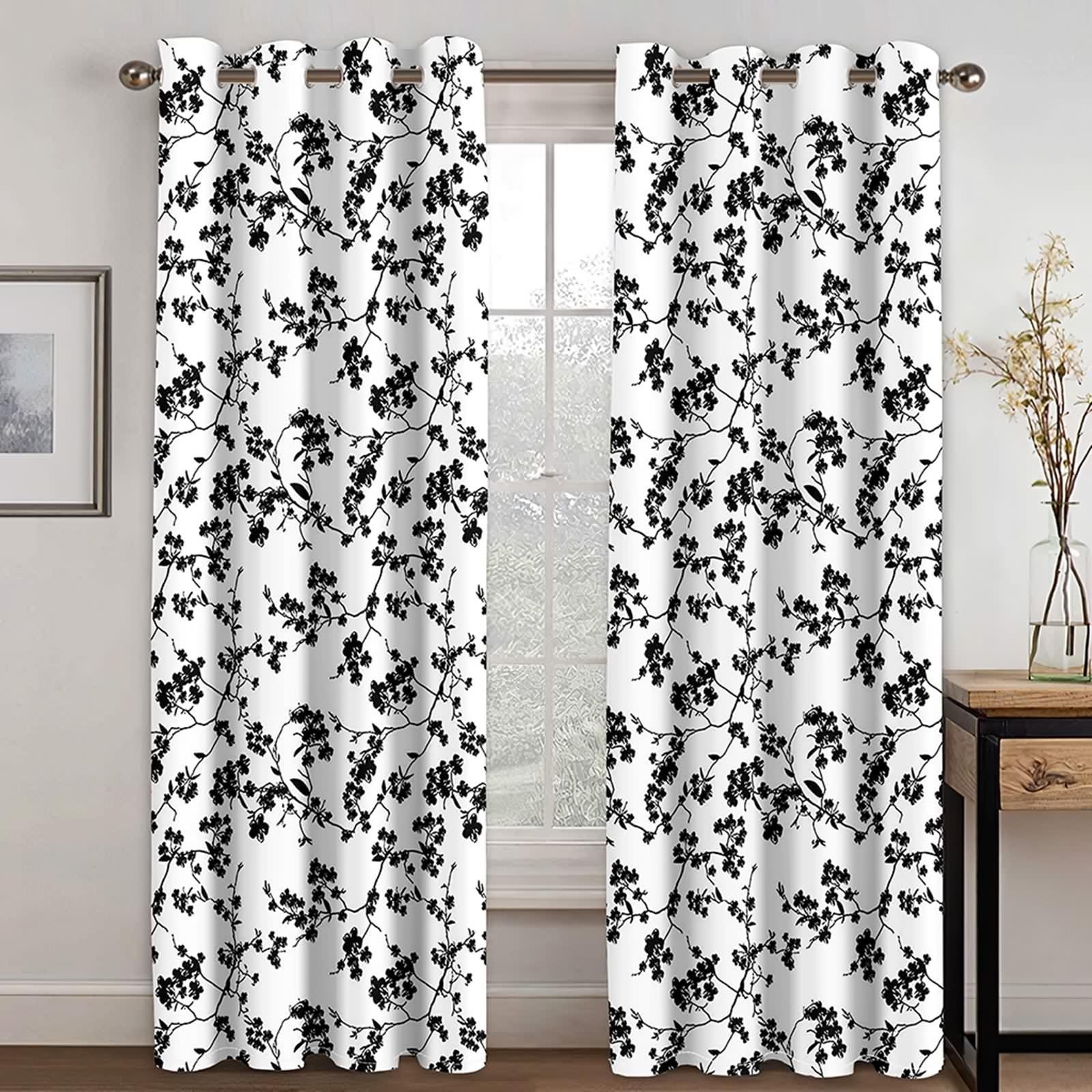 Rideau Stof Polyester, Rideau Mariage Noir Blanc Branches et Fleurs Décoration pour Fenêtre 102L x 214H CM Lot de 2