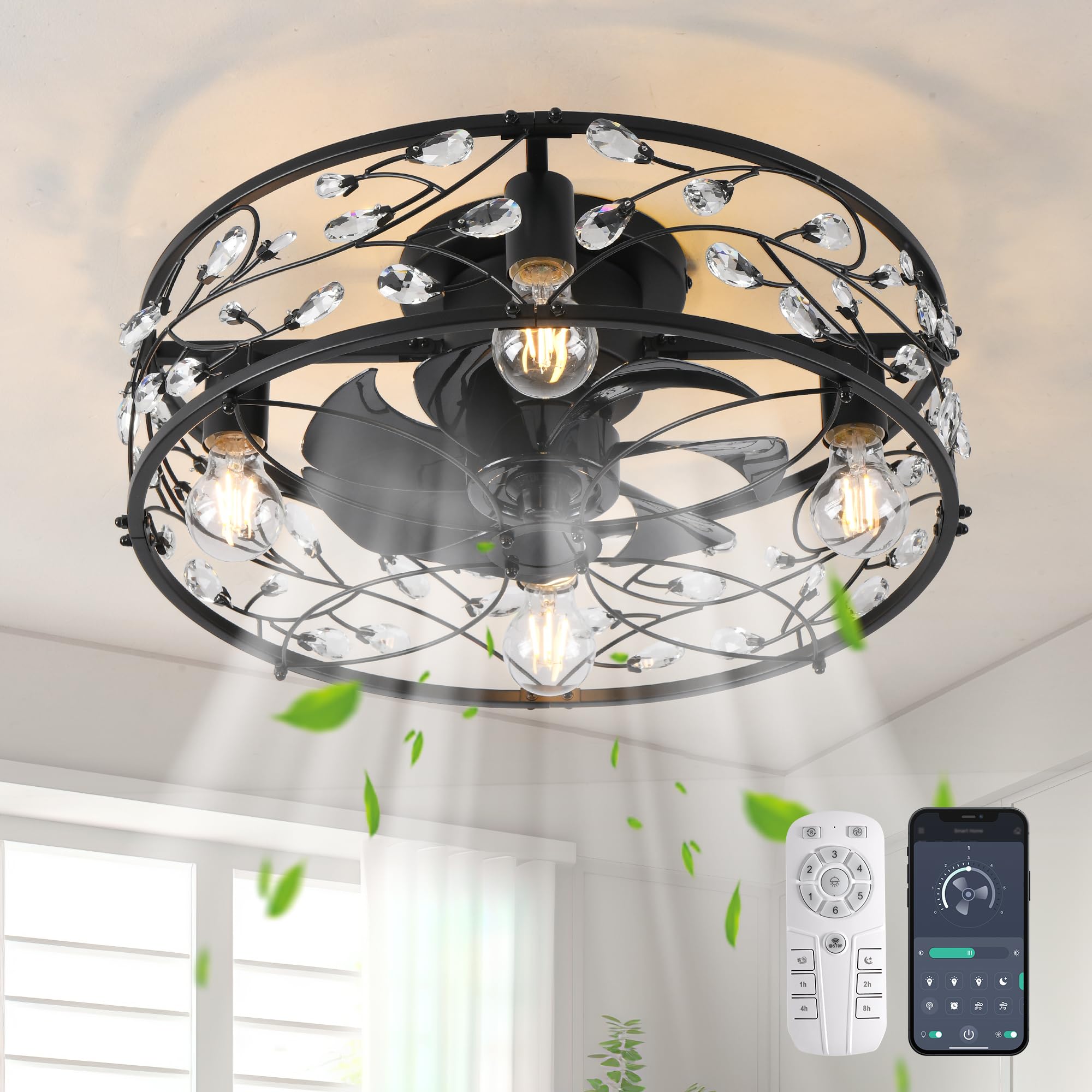 Ganeed Crystal Ceiling Fan Lights with Remote Control Modern Chandelier Caged Fan Light Bulb E27 Flush Mount Fan for Bedroom Black 4 Lights