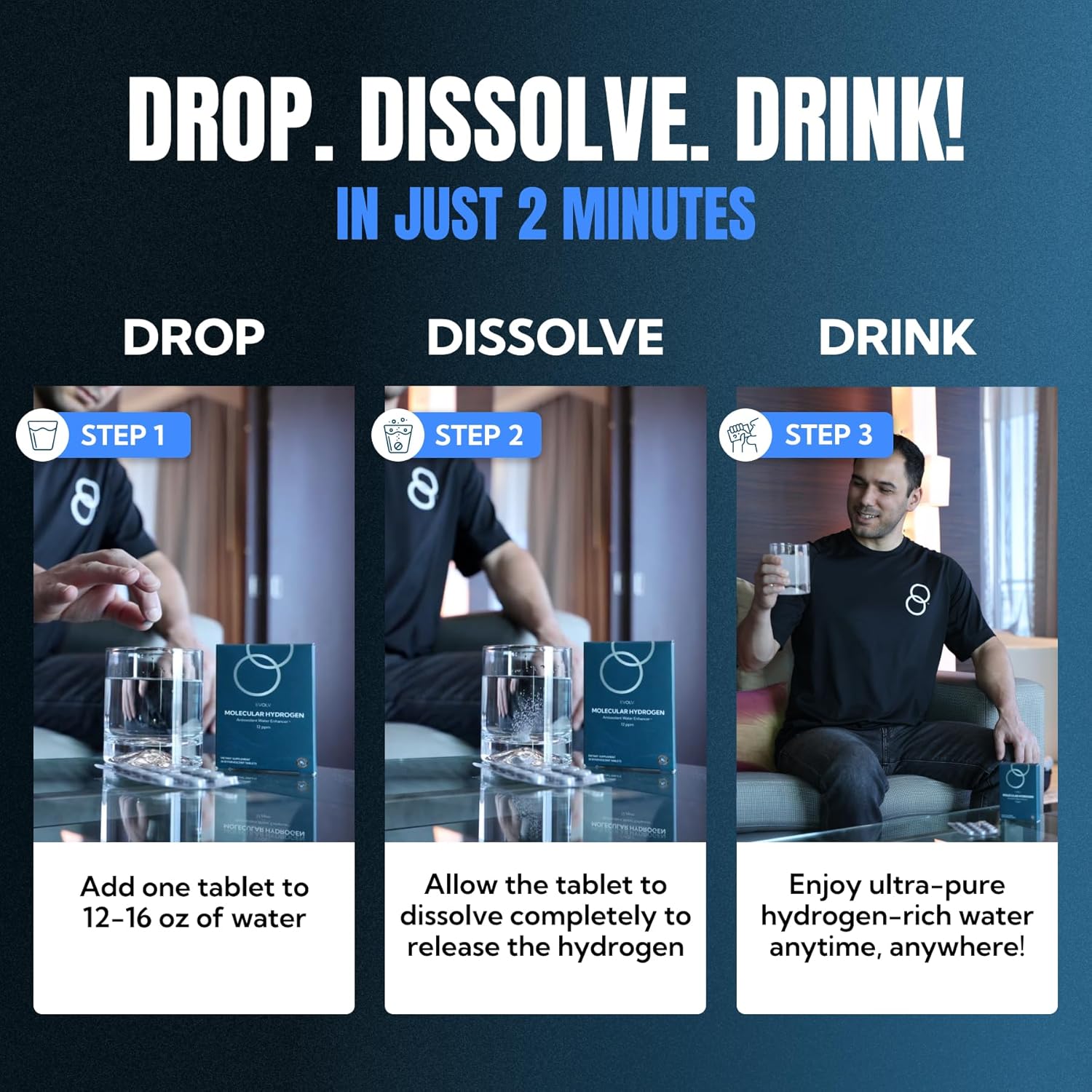 EVOLV Hydrogen Water Tablets – 12 PPM Molecular Hydrogen for Hydrogen-Rich Drinking Water - Powerful Antioxidant Support, Boost Hydration & Immunity with Elemental Magnesium & Calcium - 30 Tablets