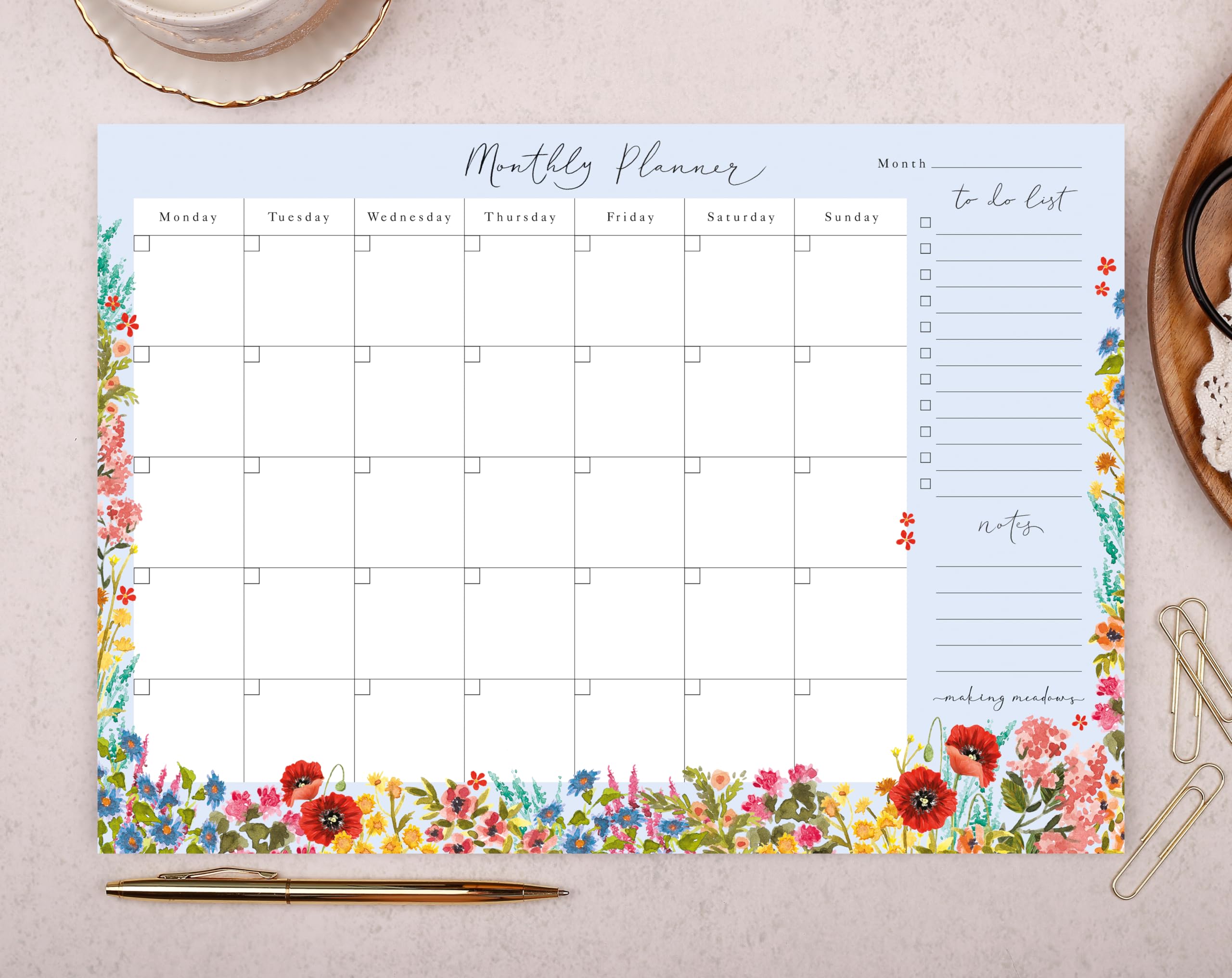 Making Meadows blue floral A4 monthly desk planner pad for office to do lists (50 Undated 100 gsm Sheets) - Image 2