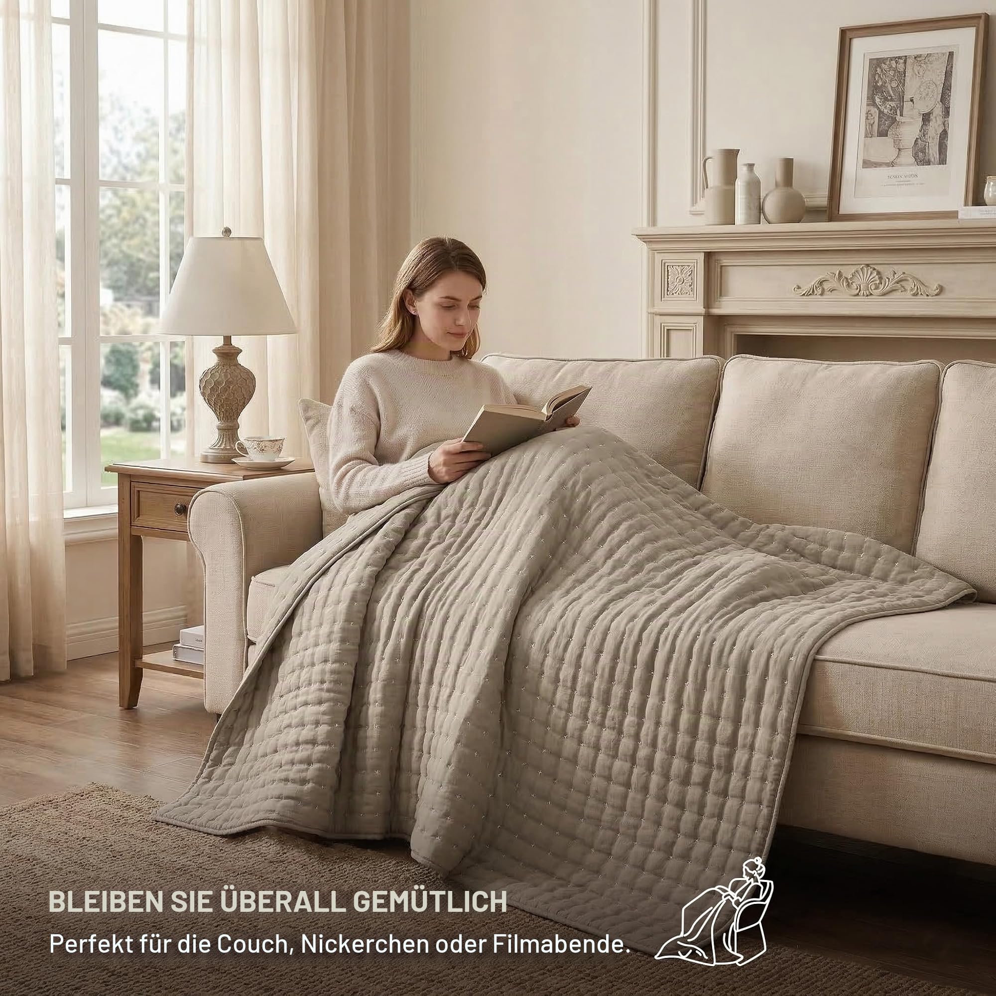 R.SHARE Tagesdecke 300x270cm Beige, Weich Wohndecke Bettüberwurf Steppdecke Sofaüberwurf Überwurfdecke für Bett Sofa Couch (ohne Kissenbezug), Kuscheldecke Oeko-TEX Frühling Sommer