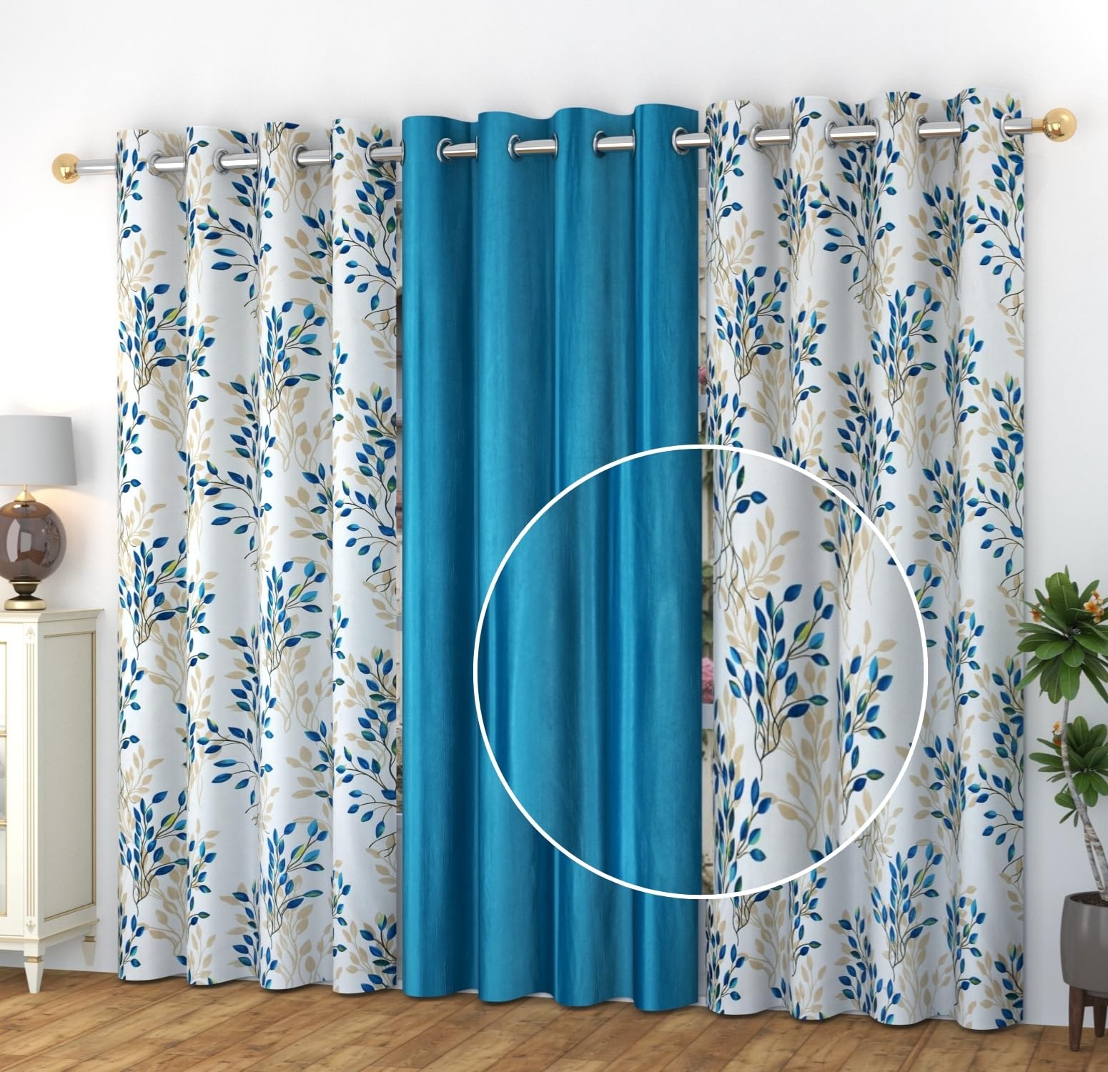Stuffique Polyester 2 Floral and 1 Curtains 5 Feet Long Set of 3 (Aqua, 5 Feet)-image-31