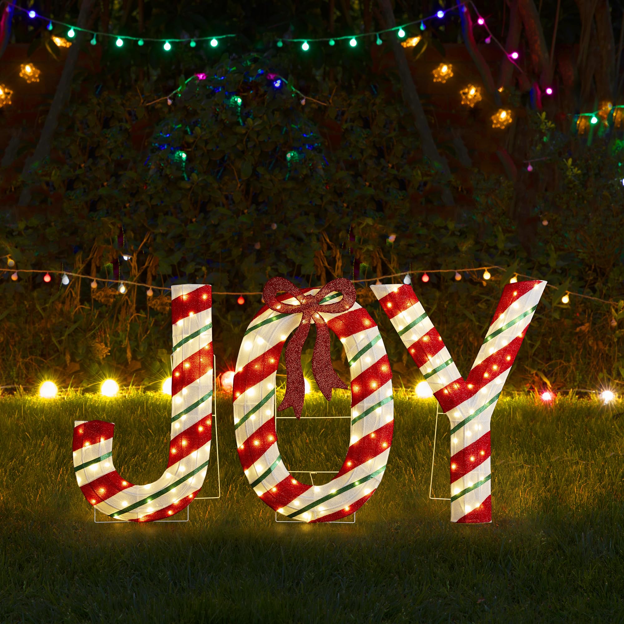 Glitzhome Joy Décoration de Noël Lumineuse avec 160 LED Blanc Chaud, Lettres en Tissu à Rayures en Sucre d'orge, Grand Panneau Festif pour Vacances, Porche, pelouse