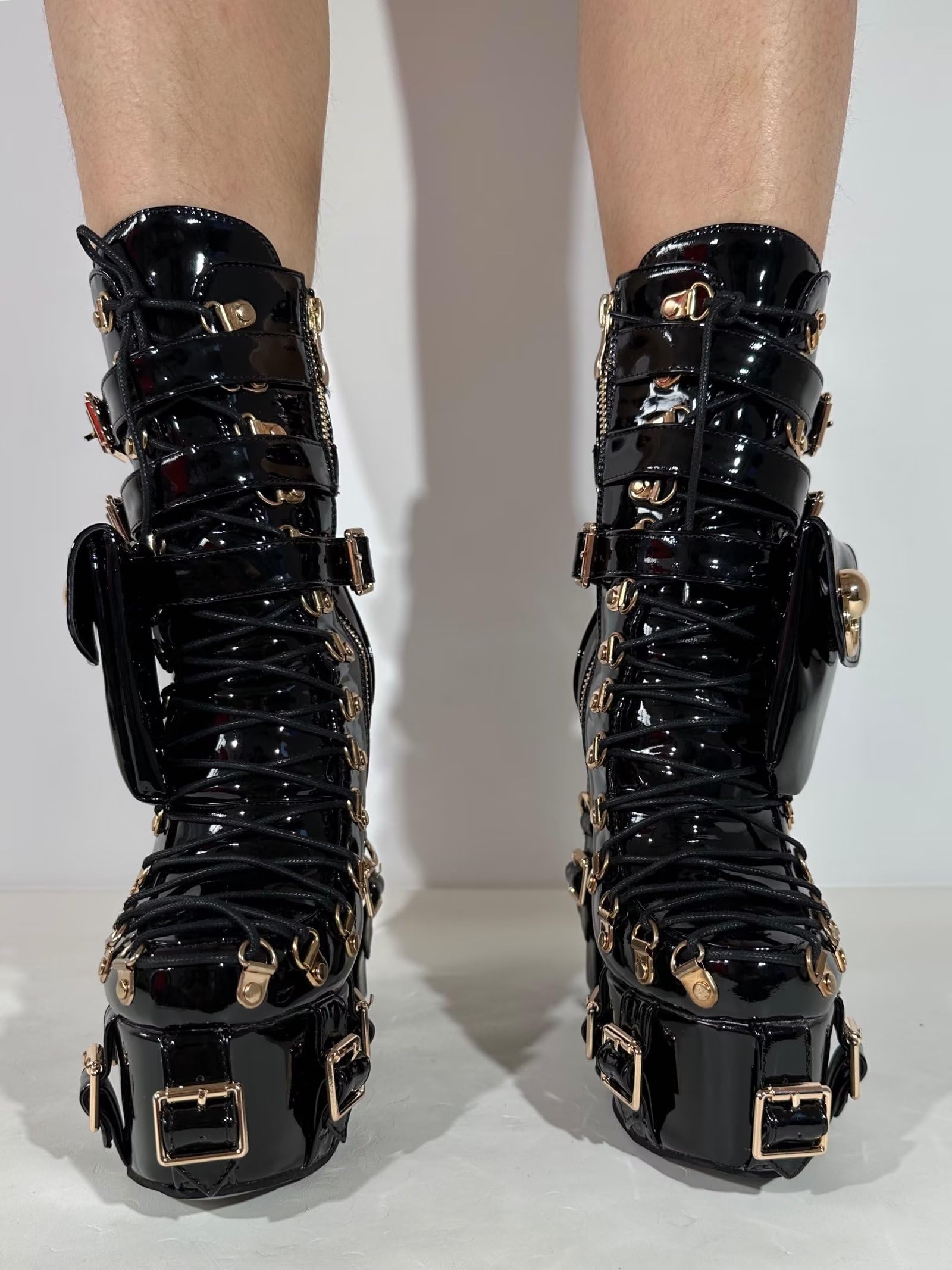 Frankie Hsu Stivaletto corto con tacco alto zeppa piattaforma vernice nera tacco spesso moda cheerleader Lolita grande dimensione fibbia tasca cintura pizzo stivaletti per ragazza donna uomo, nero,