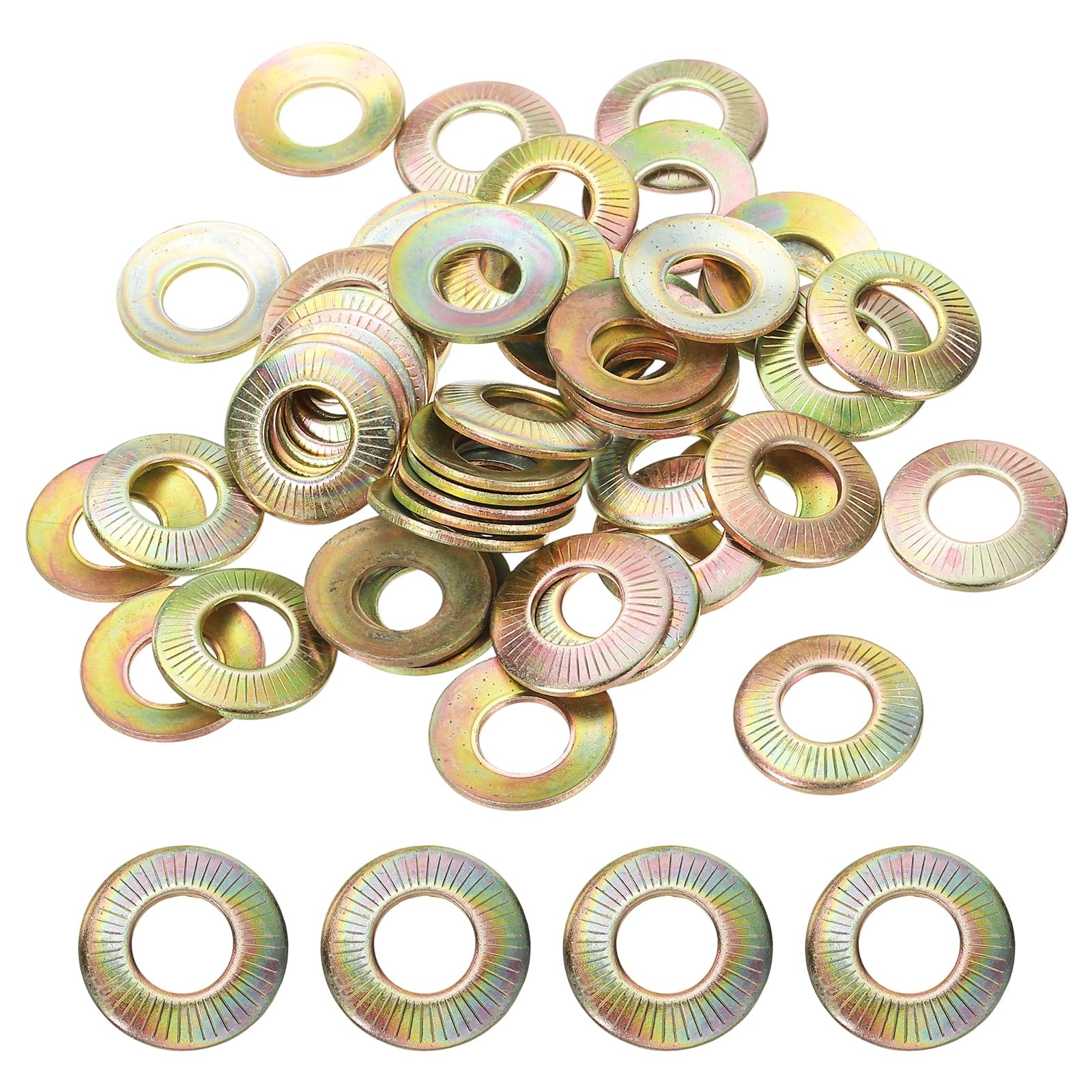 PATIKIL M10x22x1.5mm Flat Washers 50Pcs 65Mn Steel Belleville Spring Disc Washer Conical Knurled Metric Gasket for Automotive Industrial Construction (Yellow Zinc Plating)