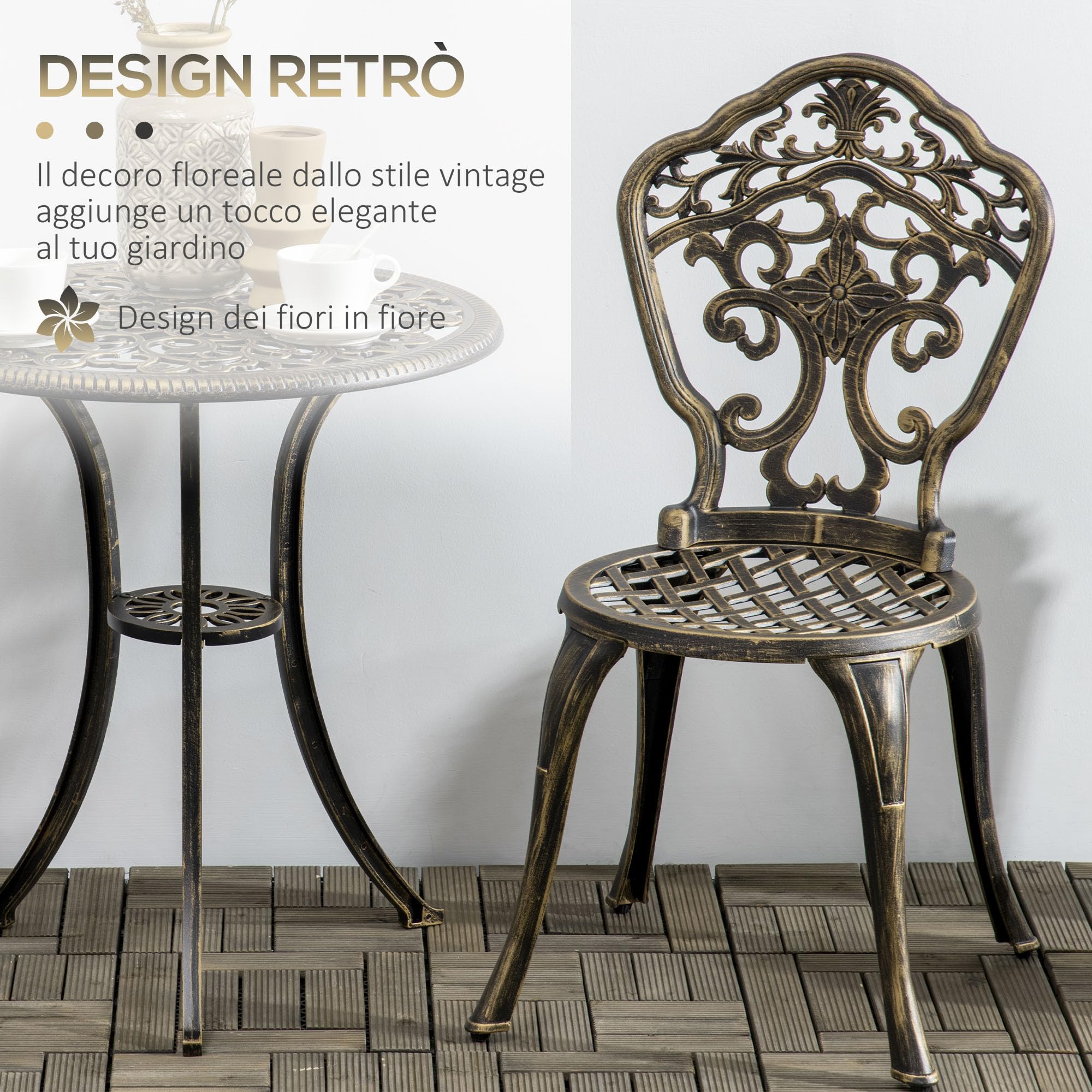Outsunny Set Bistrò da Giardino 3 Pezzi con Foro per Ombrellone Bronzo | 2 Sedie da Giardino e Tavolino Rotondo, Set Tavolo e Sedie in Alluminio, per Patio Cortile Esterno