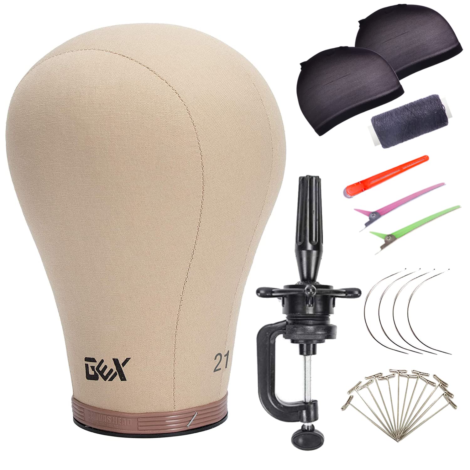 GEX 21" Canvas Cork Wig Block Mannequin Head for Wig Making Drying Styling Display with Table C Clamp Stand Holder (Light Brown 21")