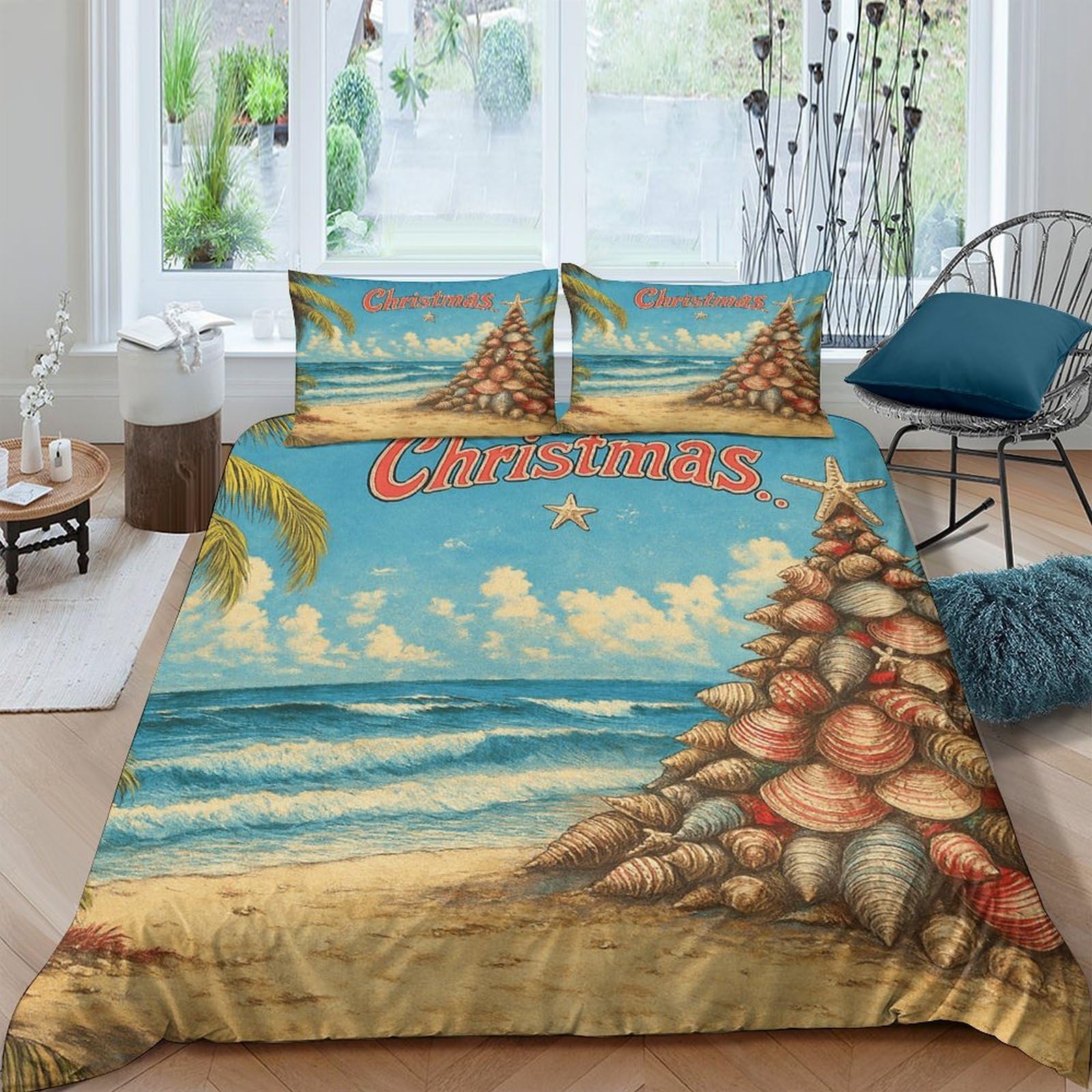 Housse de couette Noël à la plage 140x200 microfibre et linge de lit tropical