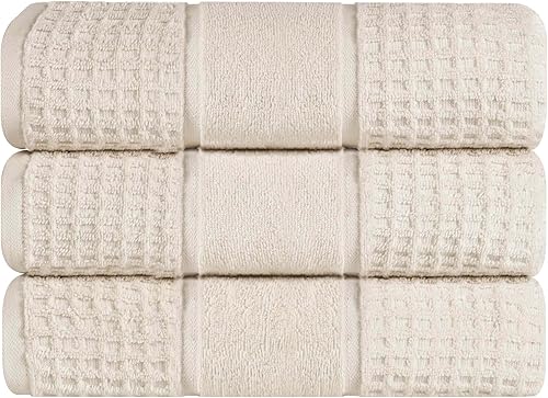 Superior Juego de toallas de baño de algodón, cero torsión, borde gofre, toallas corporales absorbentes de felpa grandes, suaves de lujo, de secado