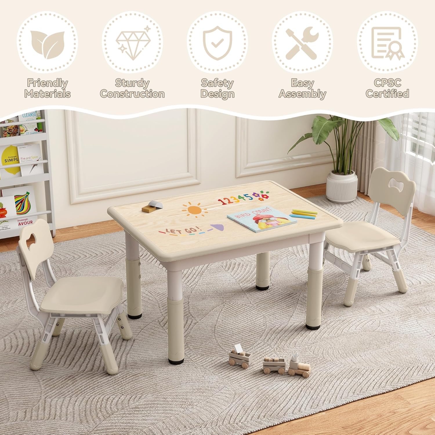 GITAWUSA Kids Study Table and Chairs Set, Height Adjustable Toddler Table and Chair Set for Kids Ages 3-8, 31.5" L x 23.6" W Graffiti Desktop Plastic Children Art Table with 2 Seats, Burlywood