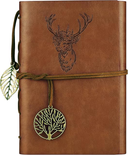 Leather Journal, Leather Notebook Refillable Vintage Diary Travel Spiral Bound Journal Lined Paper, Embossed Deer and Retro Pendants for Men and Women A5 (Brown)