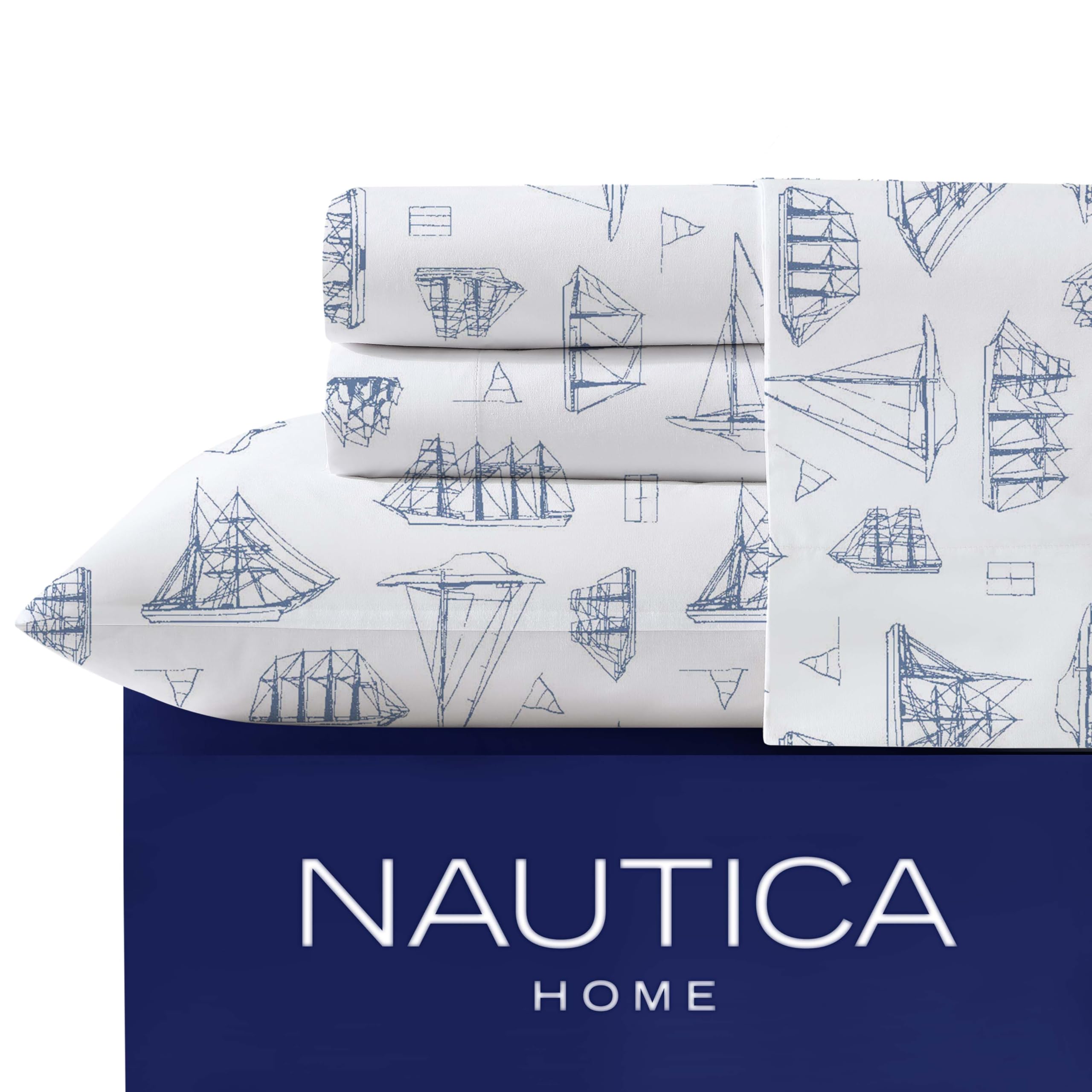 Nautica - Juego de sábanas Individuales, Juego de Ropa de Cama de percal de algodón, crujiente y Fresco, Ligero y Transpirable (Azul Vela de Madera Blanca, Individual)